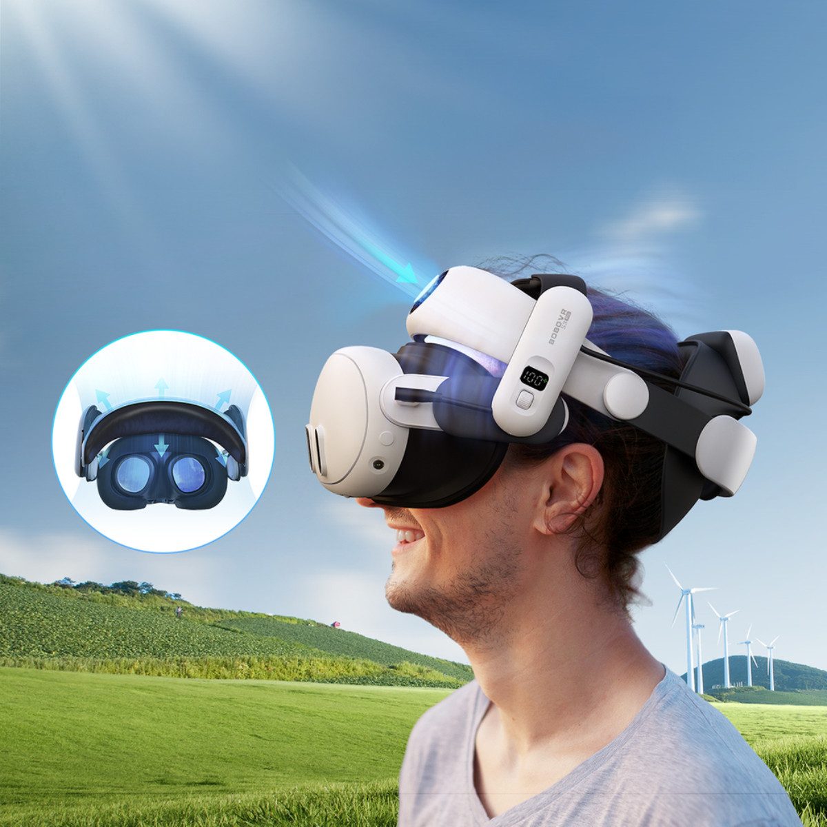 BOBOVR VR Brillen-Halterung S3 Pro für Meta Quest 3 mit B100 Akku, (Einzelartikel, Zugentlastungsband mit aktiver Kühlung und Zusatzakku)