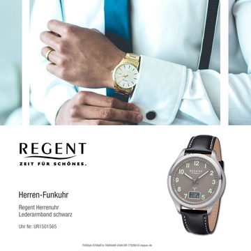 Regent Funkuhr Regent Herren Funkuhr Analog-Digital, Herren Funkuhr rund, extra groß (ca. 42mm), Lederarmband