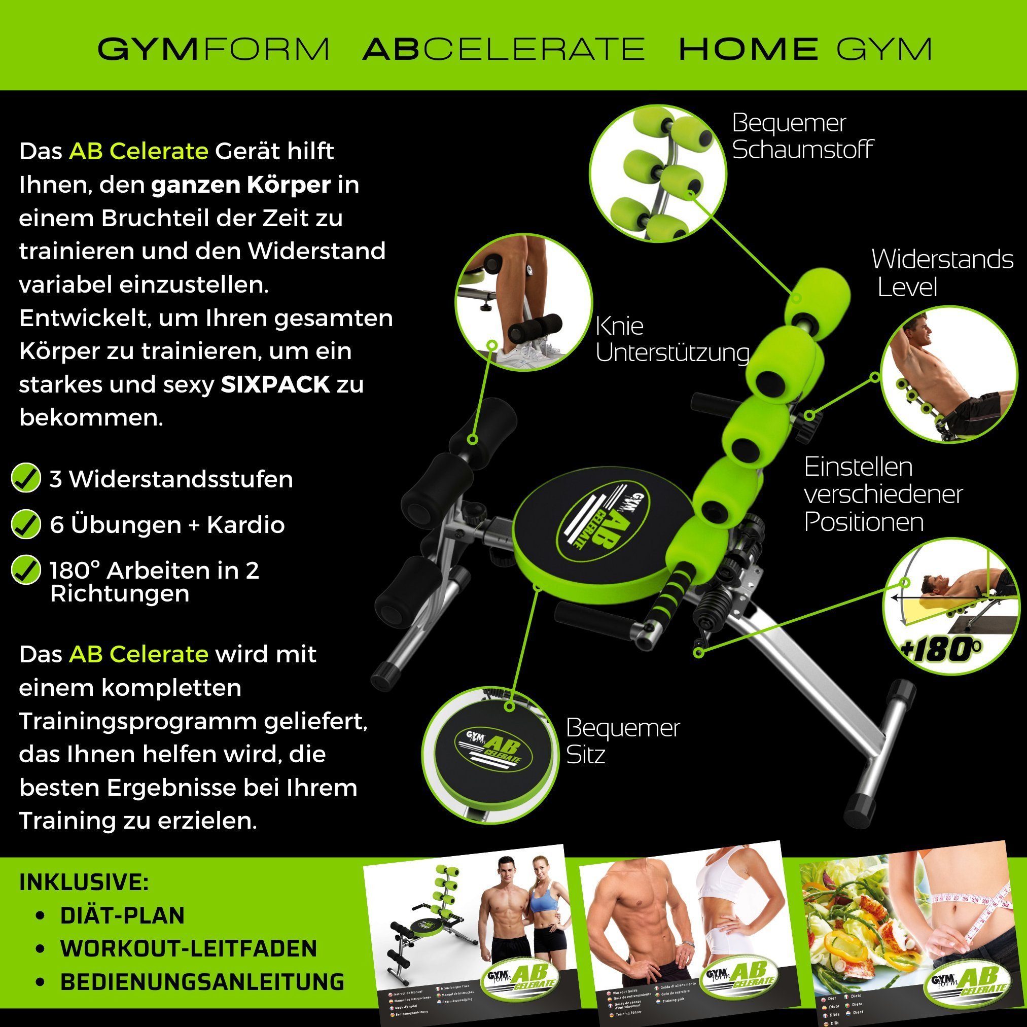 Gymform® Bauchmuskelmaschine Ab Celerate für Bauchtrainer ohne Heimtrainer, Fitnesstrainer (Spar-Set, 120kg, oder bis mit Bauchmuskeln verstellbar Trainingsbänder)