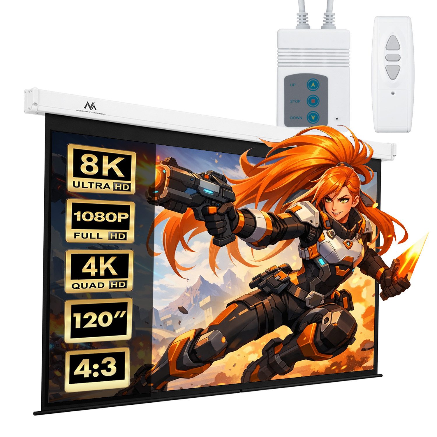 Maclean MC-593 Elektrische 4K-Projektionswand 240 x 180 cm 120 Zoll Motorleinwand (Wand- oder Deckenmontage)