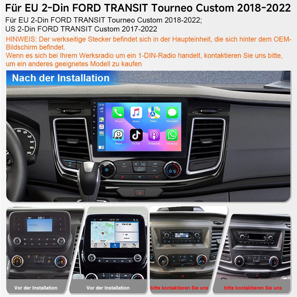 A-Sure 10 Zoll Carplay Navi Für 2 DIN Ford Transit Tourneo Custom 2018-2022 Autoradio (Digitalradio (DAB), FM, AM, 1280*800 IPS Screen/8-Core CPU, RDS, DSP, GPS, SWC, WIFI, UI Theme, Siri, Mirrorlink, Google play, Netflix, Youtube, Calendar, TikTok)