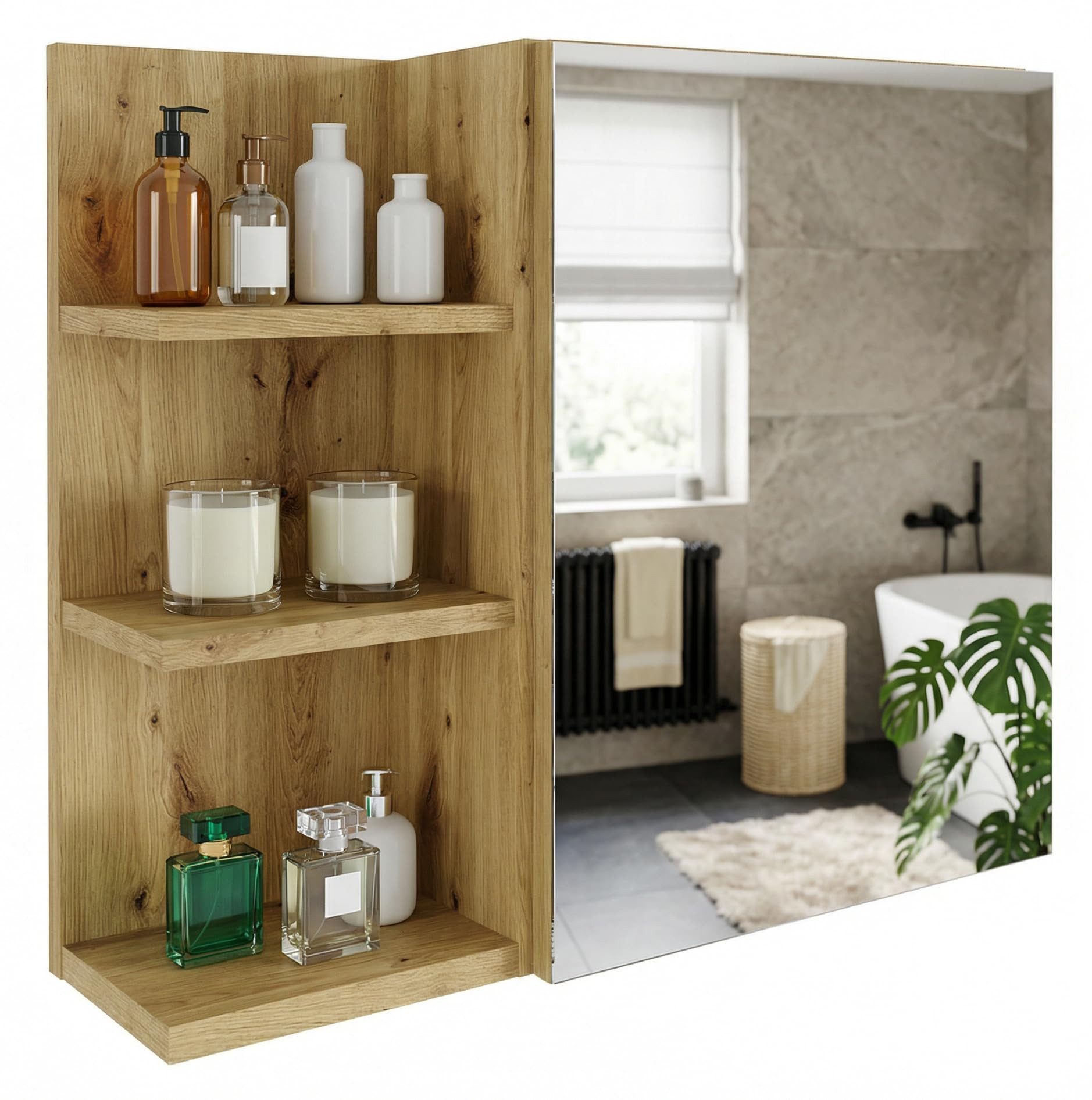 TREND WERK Spiegelschrank Badezimmer mit Ablage & Stauraum (59×16×50 cm Hängender Badezimmerschrank zur Wandmontage mit Regal) – modern & pflegeleicht