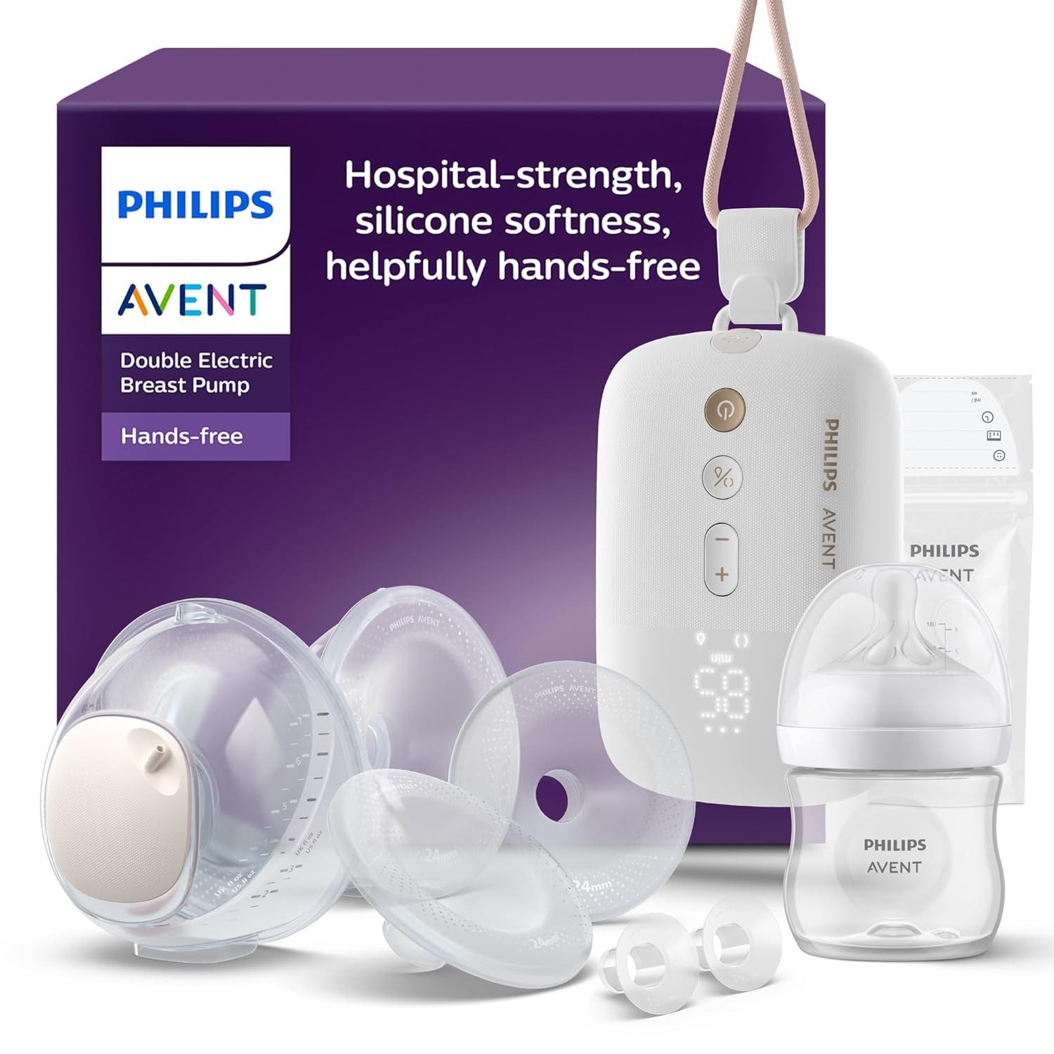 Philips AVENT Elektrische Doppelmilchpumpe Hands-free Motor in Krankenhausqualität, 2-tlg., bis zu 85 Pumpbewegungen pro Minute, 2 Auffangschalen, SCF547/11, spiegelt den Trinkrhythmus des Babys wider