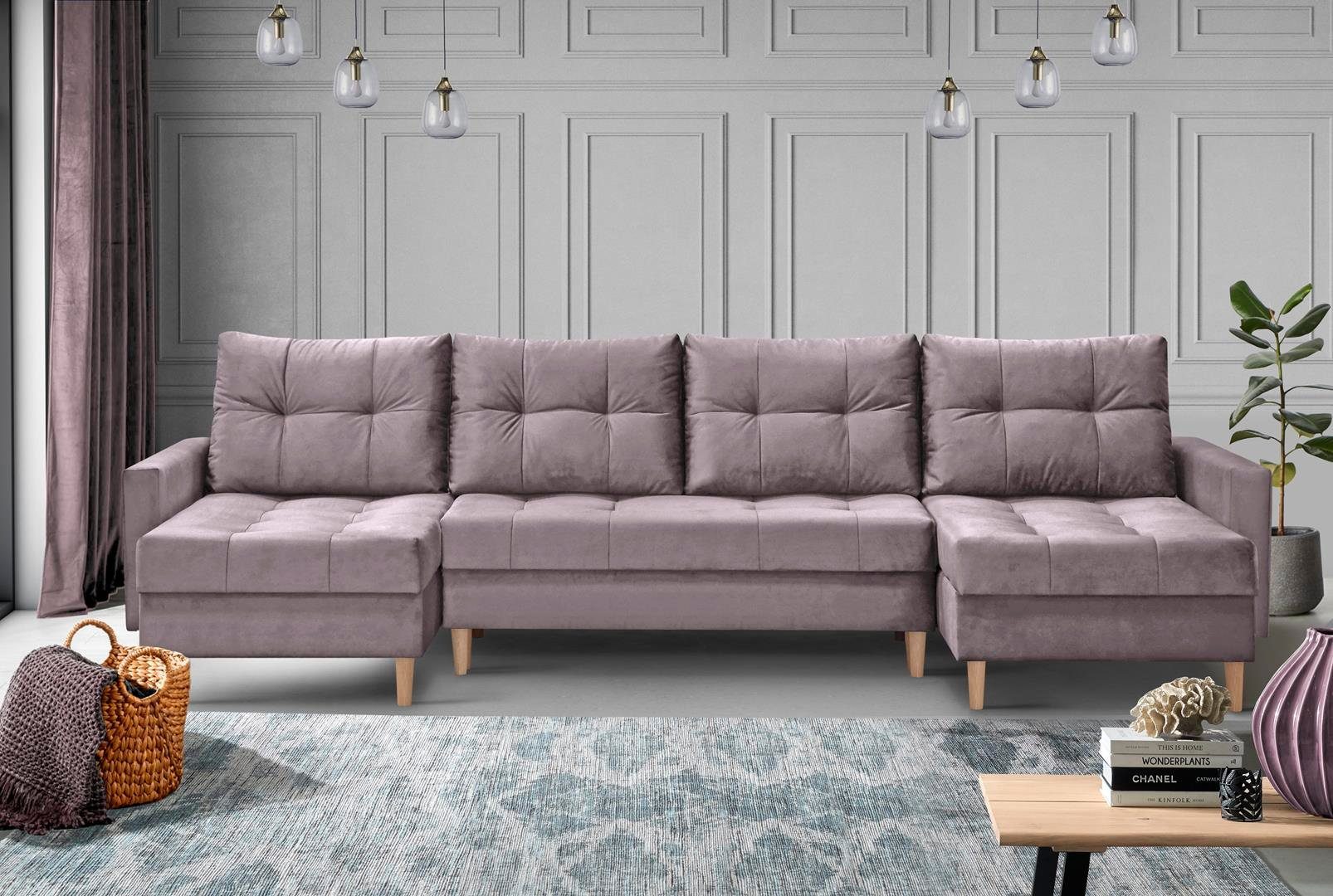 Ecksofa Schlaffunktion + und Kissen U HALANT Bettkasten, Sofa, Velour puderrosa Beautysofa 27) mit Ecksofa (kronos