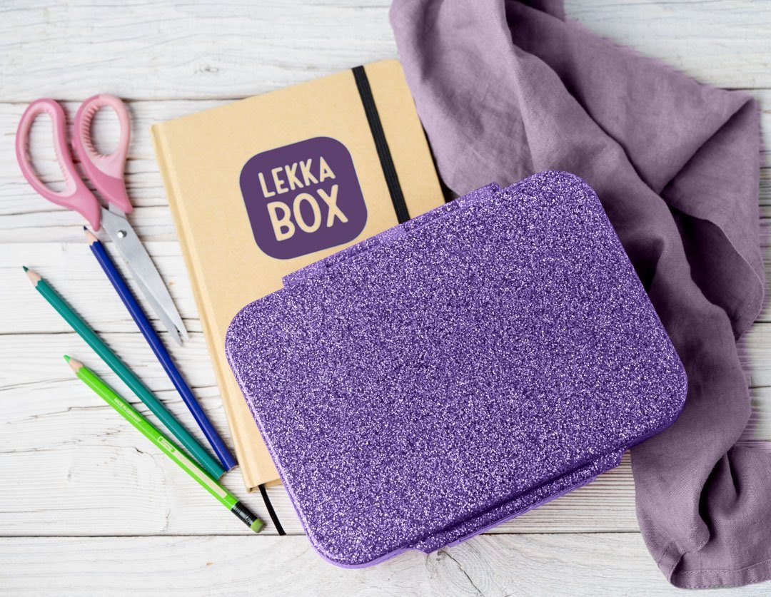 LEKKABOX Lunchbox Glitzer Brotdose, 4 Fächer - Kinder Bento Box Vesperdose Brotbox, Für feuchte Lebensmittel auslaufsichere Bento Box, inkl. extra Trenner