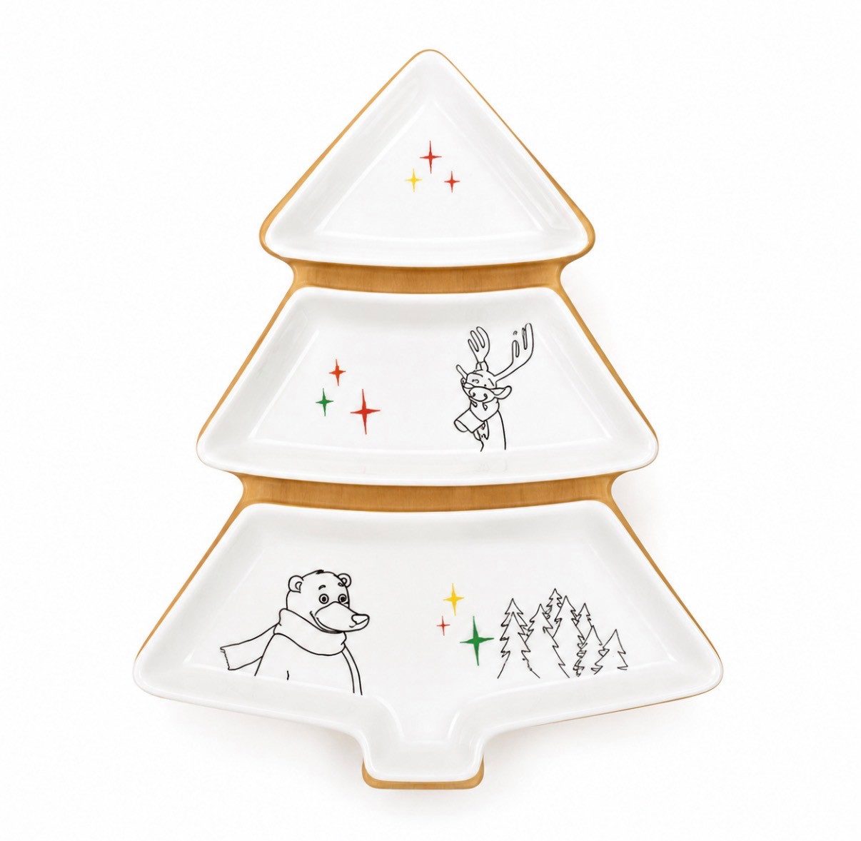 Seyila Home Servierplatte Servierplatte Tannenbaum aus Keramik – 3-teiliges Snack- & Gebäckset, Weihnachtsmann & Co.Kg