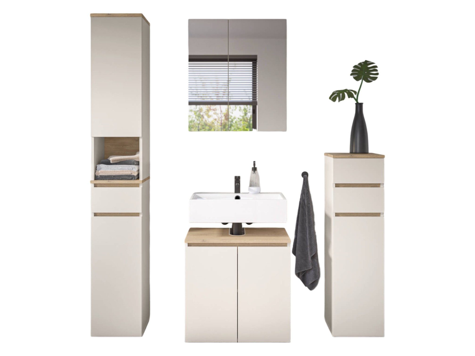 moebel-dich-auf Badmöbel-Set LONDRES, (Set 1, 4-St., Hochschrank, Spiegelschrank, Wbu, Kommode), in kaschmir oder anthrazit, Absetzung: Cremona Eiche