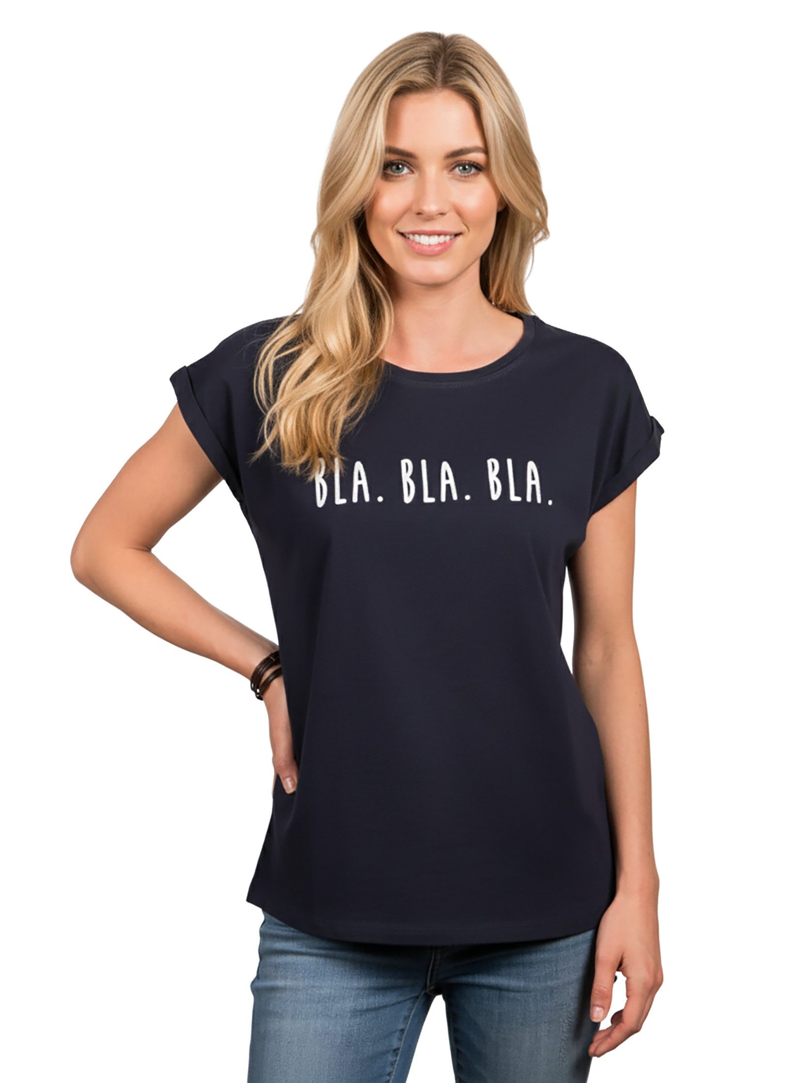MAKAYA Print-Shirt Damen Kurzarm Basic Sommer Oberteile Sexy Elegant Lustig Spruch Bla (Schriftzug, Schwarz, Blau, Grau) Baumwolle
