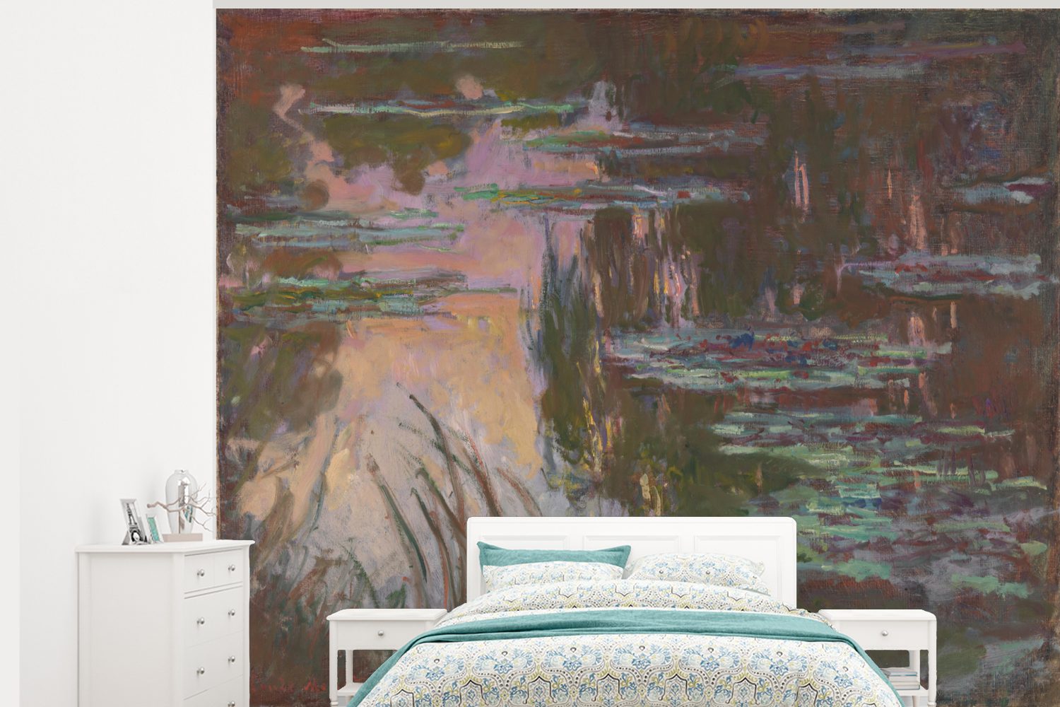 MuchoWow Fototapete Seerosen bei Sonnenuntergang - Gemälde von Claude Monet, Matt, bedruckt, (5 St), Montagefertig Vinyl Tapete für Wohnzimmer, Wandtapete