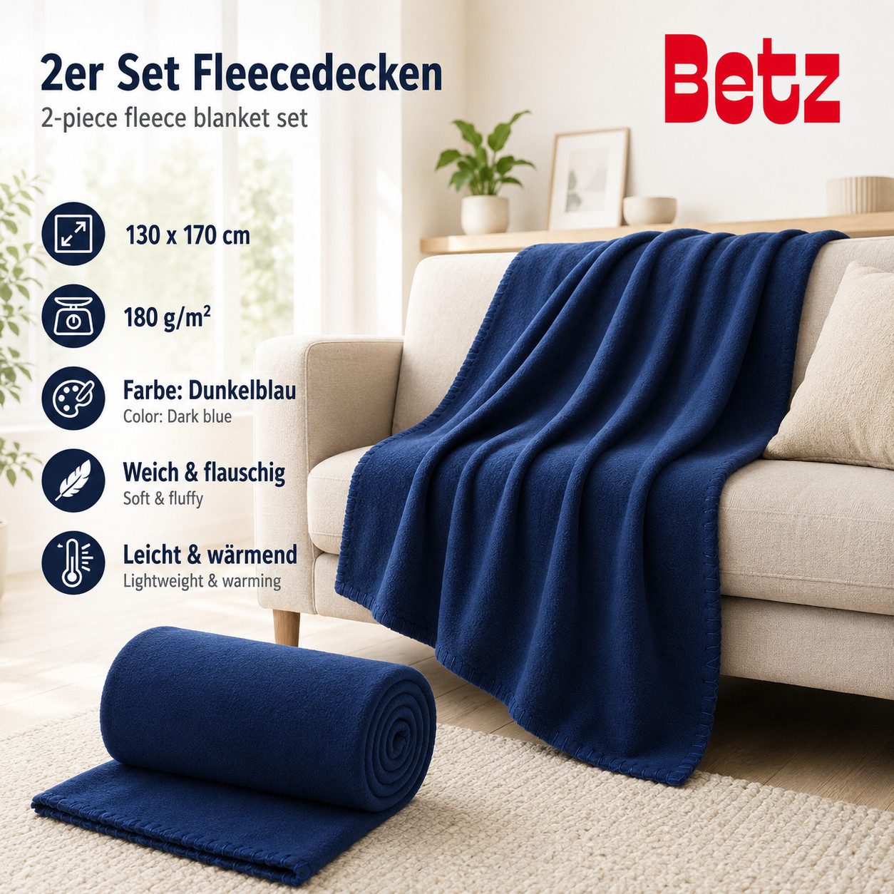 Wohndecke Fleecedecke 2 Stück 130x170 cm 180g/m² – Flauschige Sofadecke, Betz – Bild 2 von 5