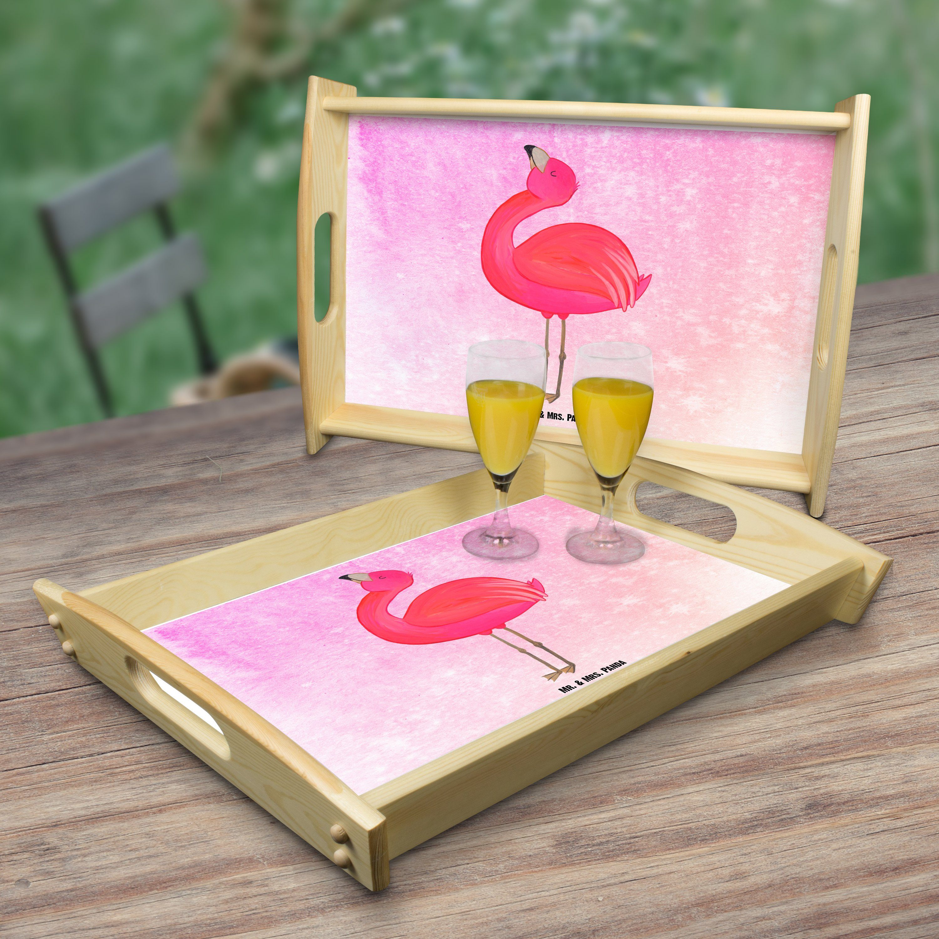 Mr. & Mrs. Panda Tablett Echtholz Geschenk, glücklich, - stolz lasiert, (1-tlg) Pink - Flamingo Küchentablett, Aquarell