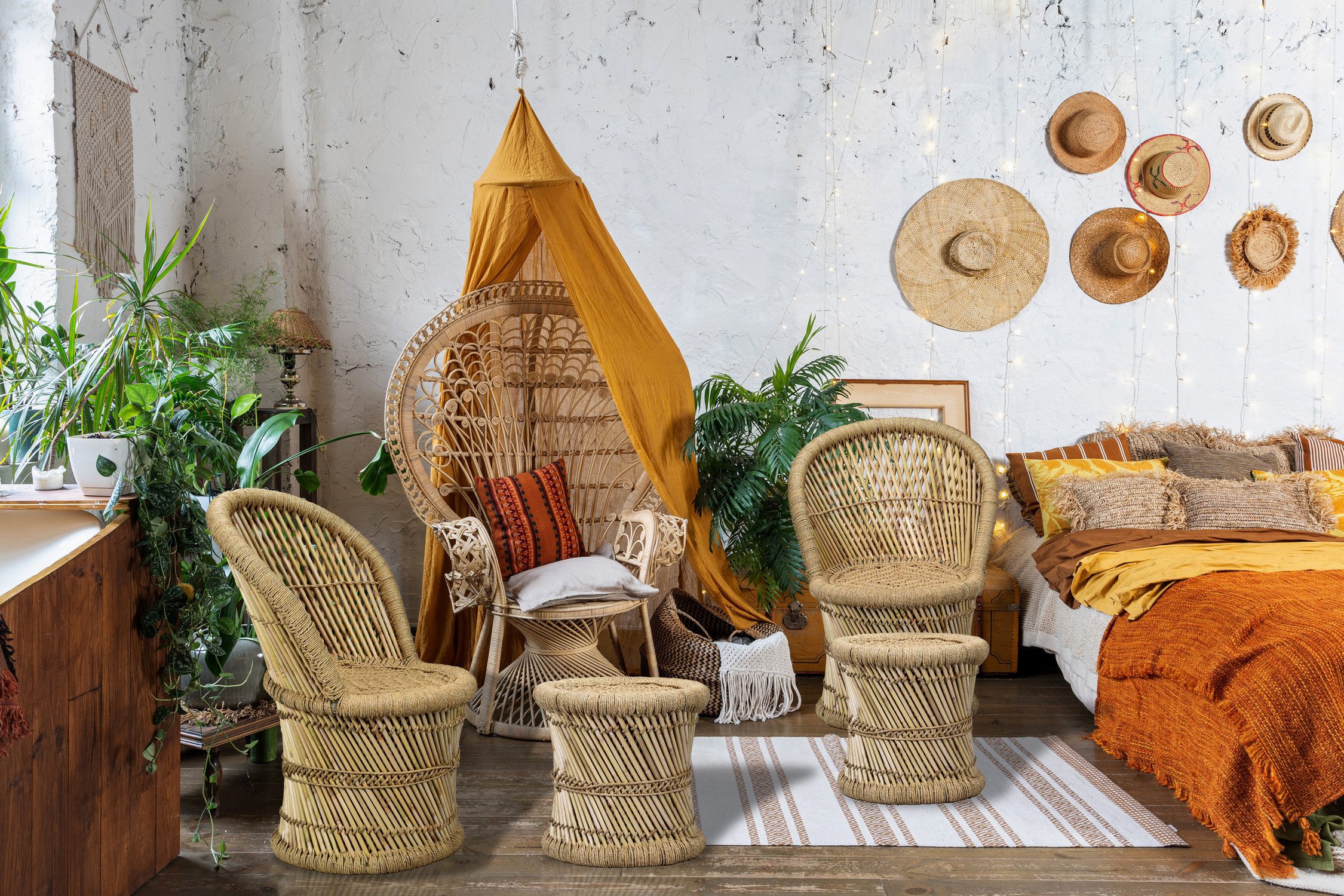 Marrakesch Orient & Mediterran Interior Sitzhocker 4er Set Boho Garten-Set Aleja & Benita Natur aus Bambus in Beige 76 cm (4 St), Handarbeit