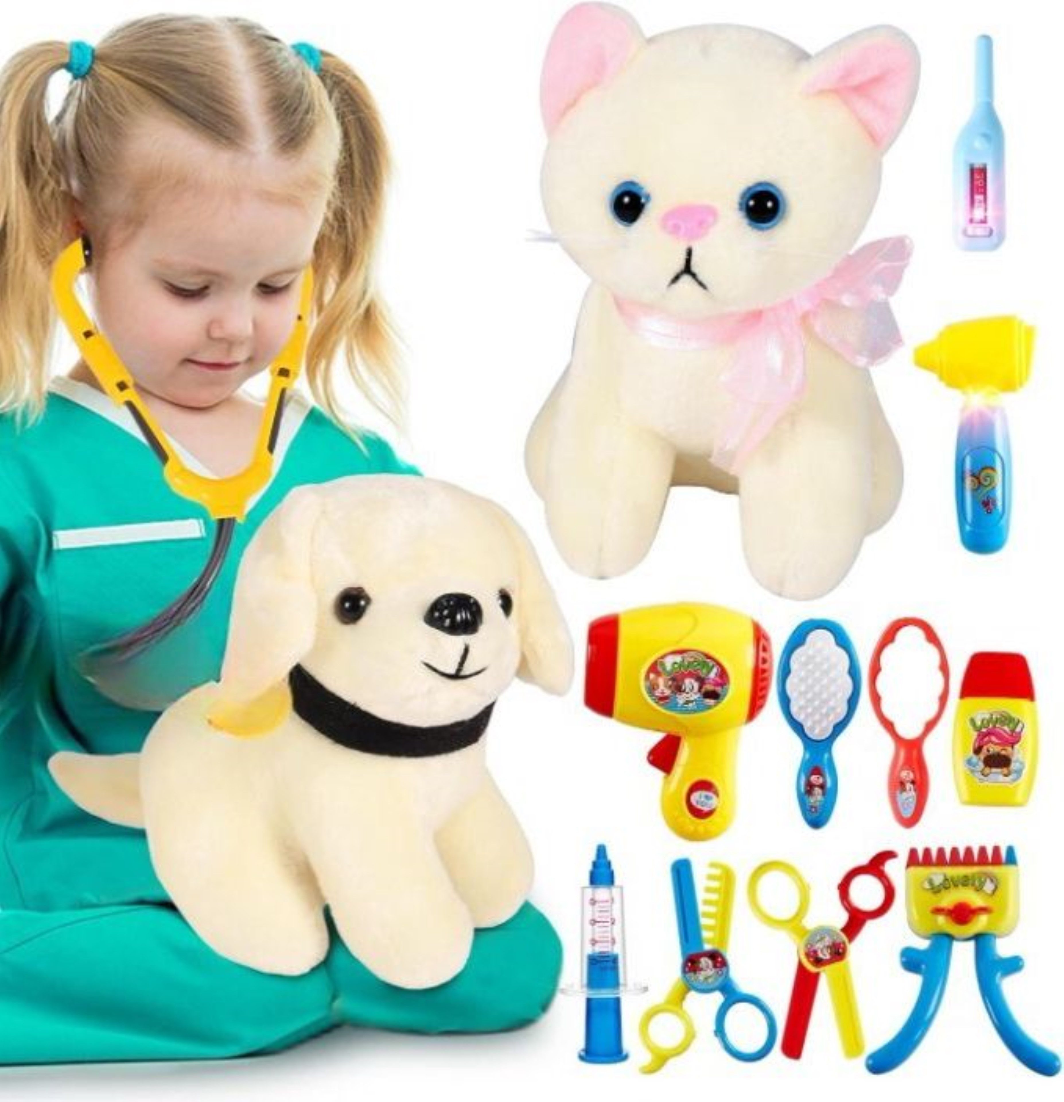 LINFUN KIDS Spielzeug-Arztkoffer Tierarzt-Spielset Plüschtieren Lerne & spiele mit Hunden und Katzen, (Tierarzt Spielset - Kreatives Rollenspiel für Kinder mit Plüschhaustieren., 13-tlg., Tierarzt Spielset mit plüschtieren für Rollenspiel und Lernspaß), Lerne medizinische Werkzeuge kennen und pflege Plüschtiere spielerisch