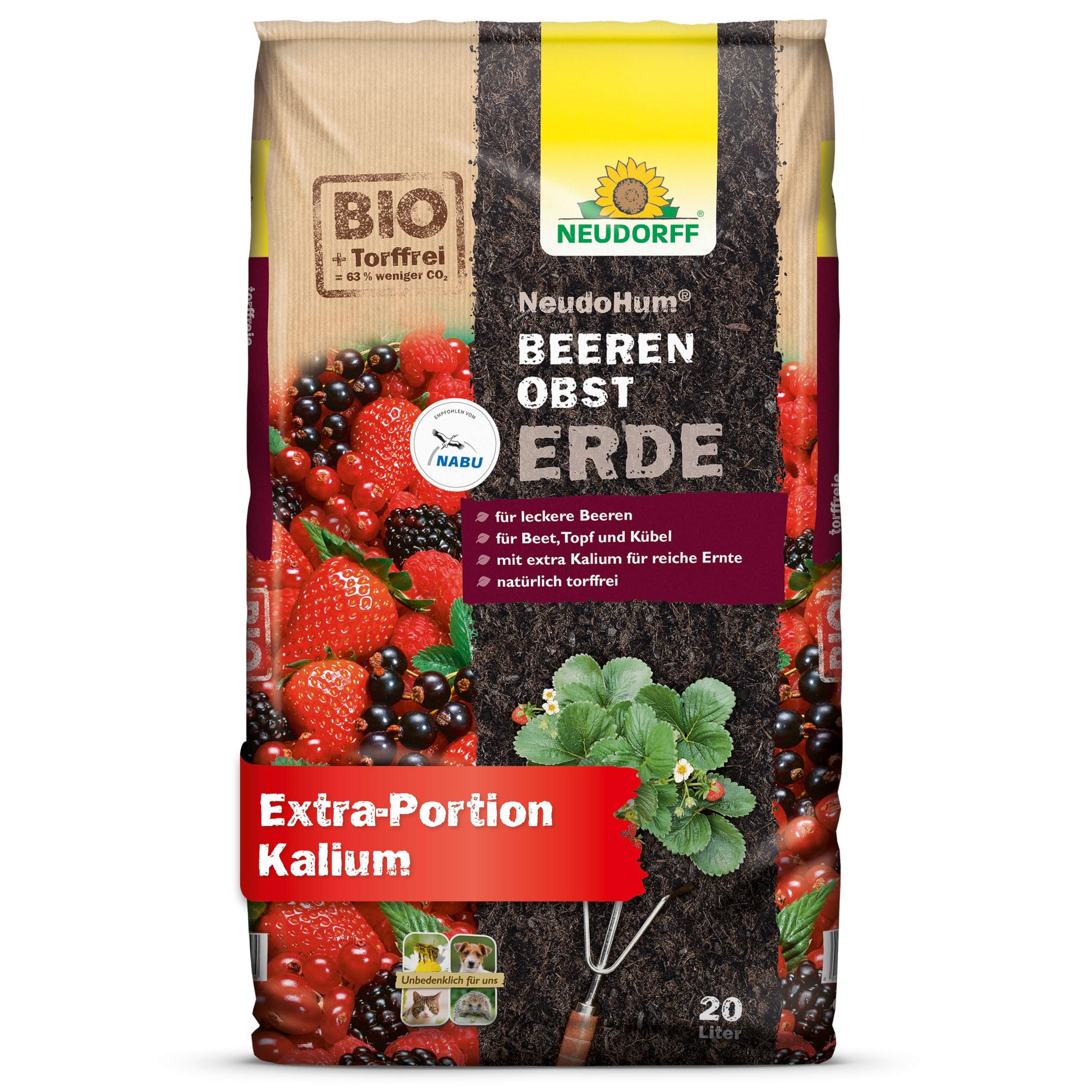 Neudorff Pflanzerde NeudoHum BeerenobstErde 20 Liter, mit Organische Grunddüngung, (Einzelartikel, Für leckere Beeren, unterstützt eine gute Fruchtentwicklung), Biologisch, torffrei, mit Extra-Kalium für reiche Ernte
