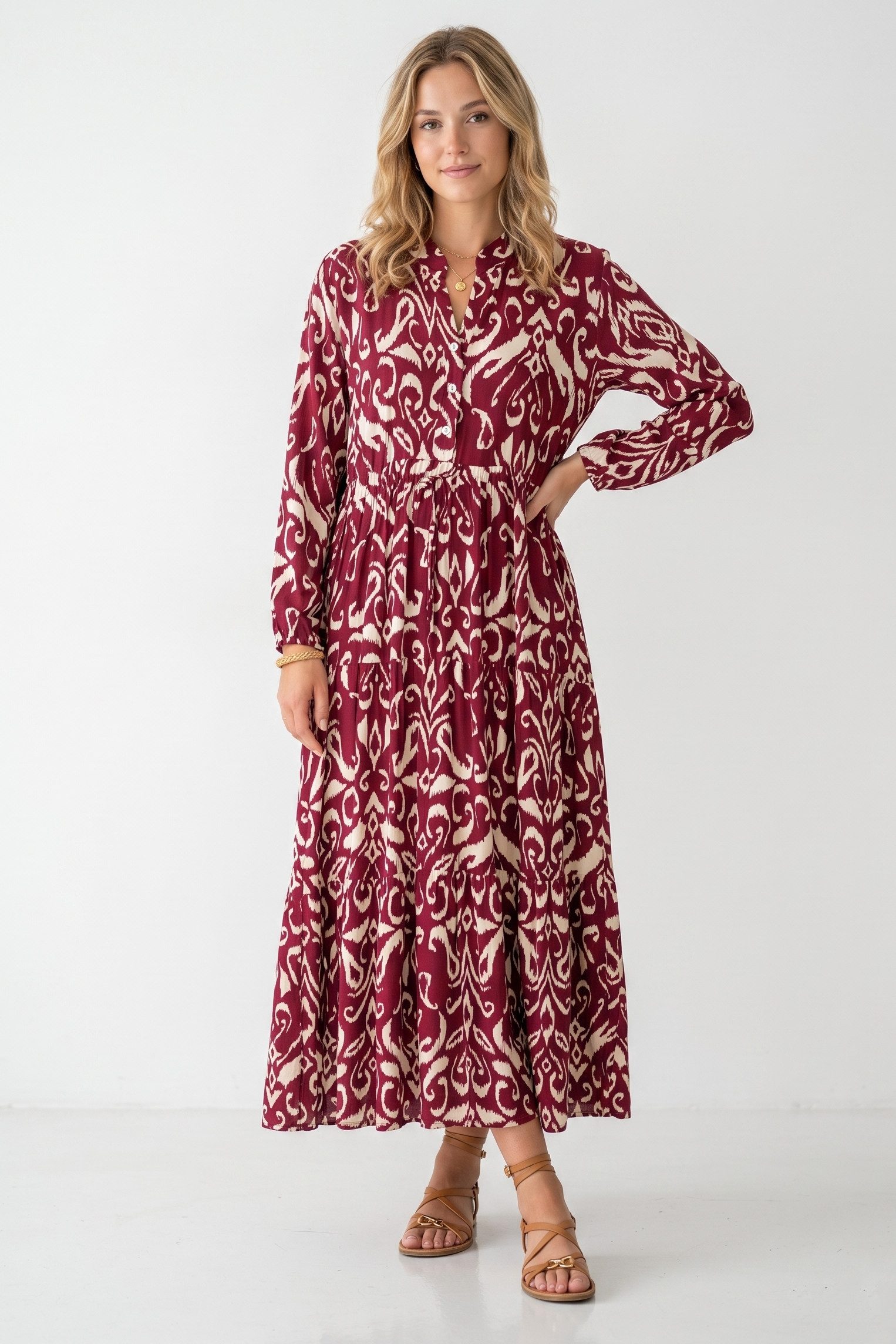 Kendindza Collection Sommerkleid Sommerkleid Damen Lang Viskose Elegantes Maxikleid lang Maxi Kleid Ikat-Print Knopfleiste & Schnurbund, Luftig Leicht
