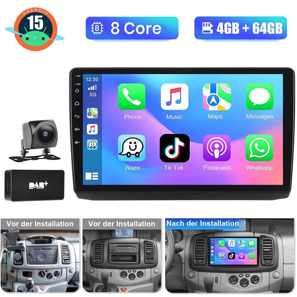 A-Sure 4+64GB Android 15 Carplay Für Renault Trafic 2 OPEL Vivaro A 2001-2009 Autoradio (Digitalradio (DAB), FM, AM, 1280*800 IPS Screen/8-Core CPU)