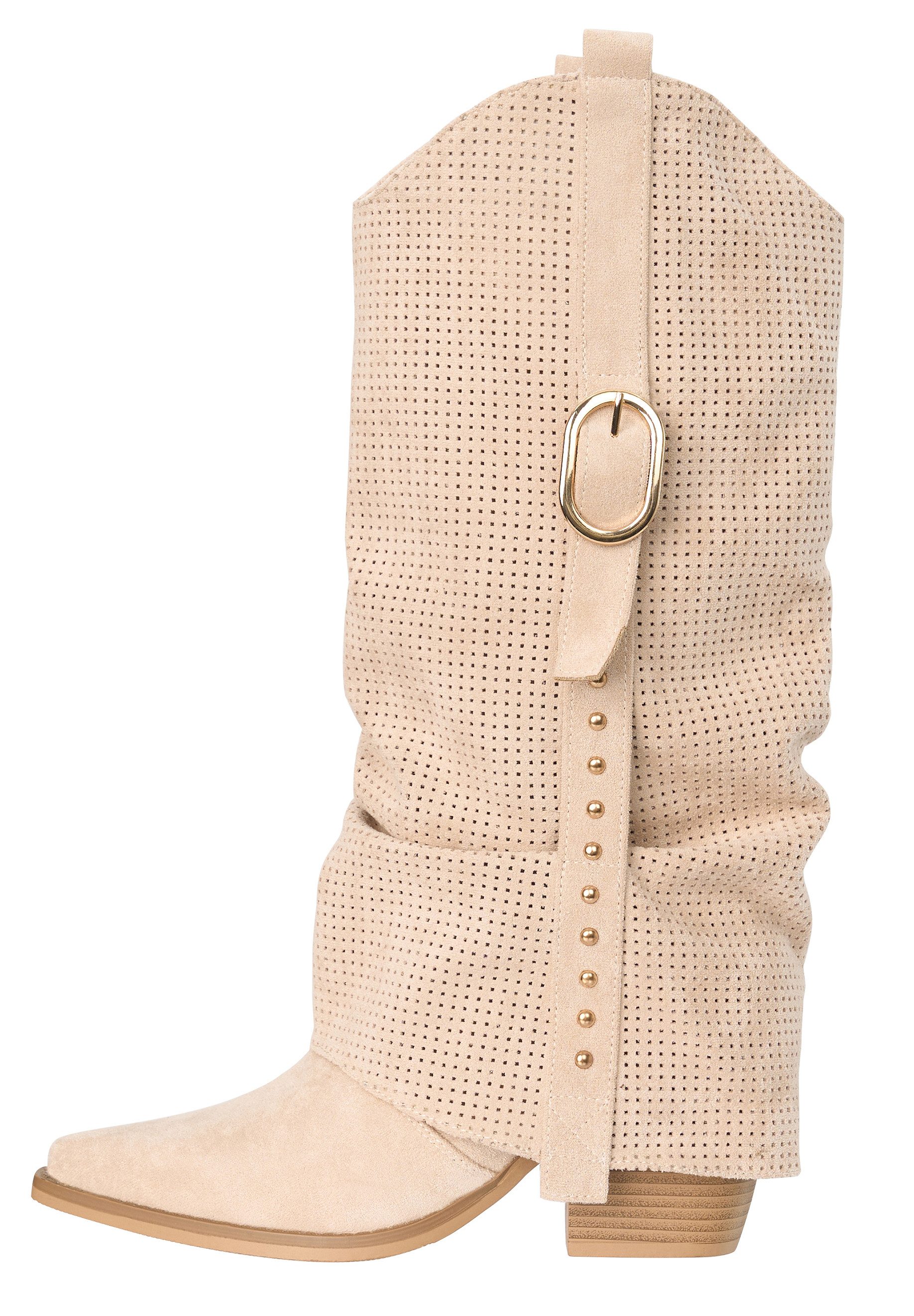 Salinyang Cowboy Boots Damen mit Cut Out Muster & Ziergürtel High-Heel-Stiefel