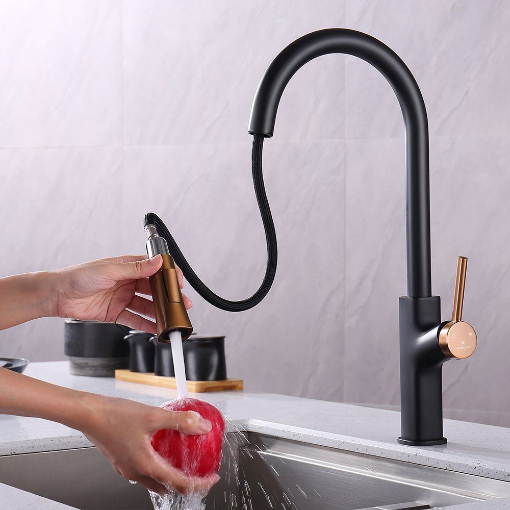 HOMELODY Küchenarmatur Wasserhahn Küche 2 Strahlart Spültischarmatur Hochdruck Mischbatterie Ausziehbare Küchenarmatur, Schwarz gebürstet und vergoldet
