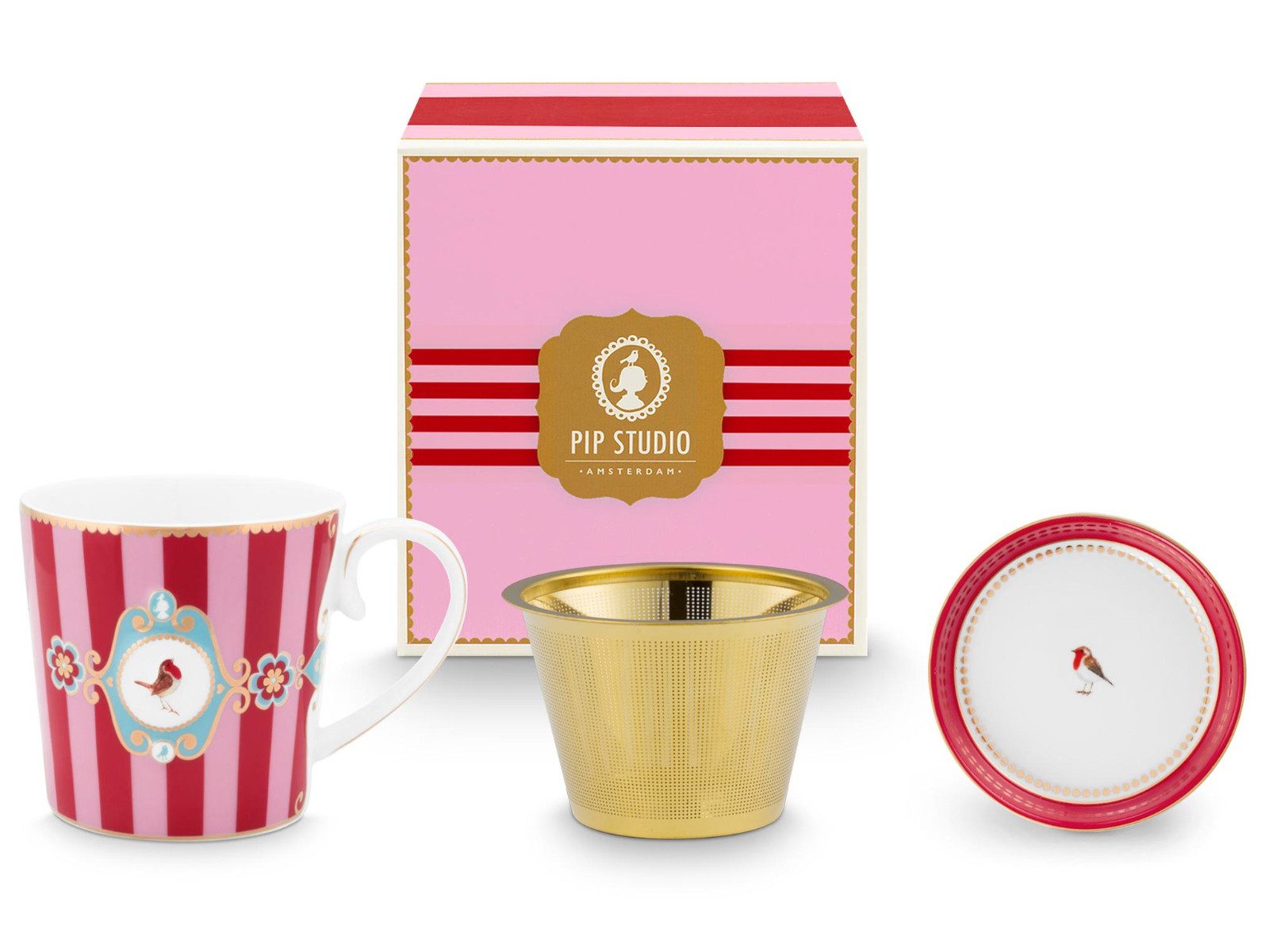 PiP Studio Geschirr-Set Love Birds Medallion Stripes Red-Pink Teeset für eine Person, Porzellan
