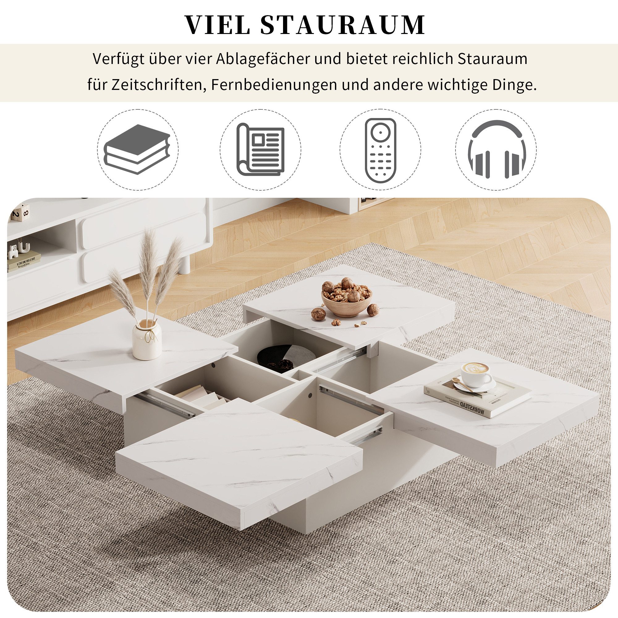 Merax Couchtisch mit versteckten Stauraum und Marmor-Optik (1-St), Quadratischer Wohnzimmertisch Satztisch mit 4 Schubladen, 90x90x25cm – Bild 5 von 5