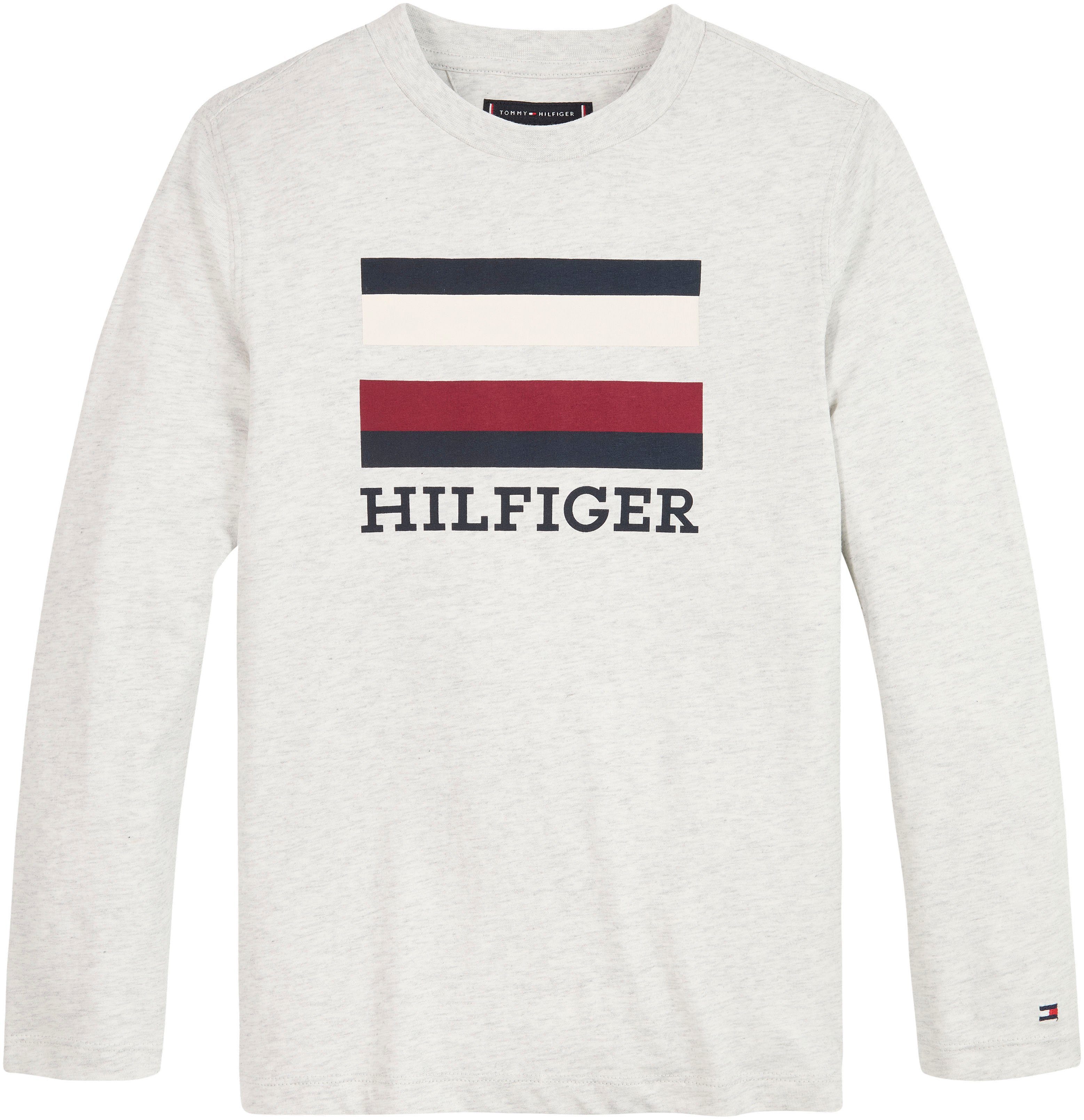 großem Hilfiger Front TEE Langarmshirt Print TH mit Hilfiger New_Light_Grey_Heather Tommy L/S LOGO