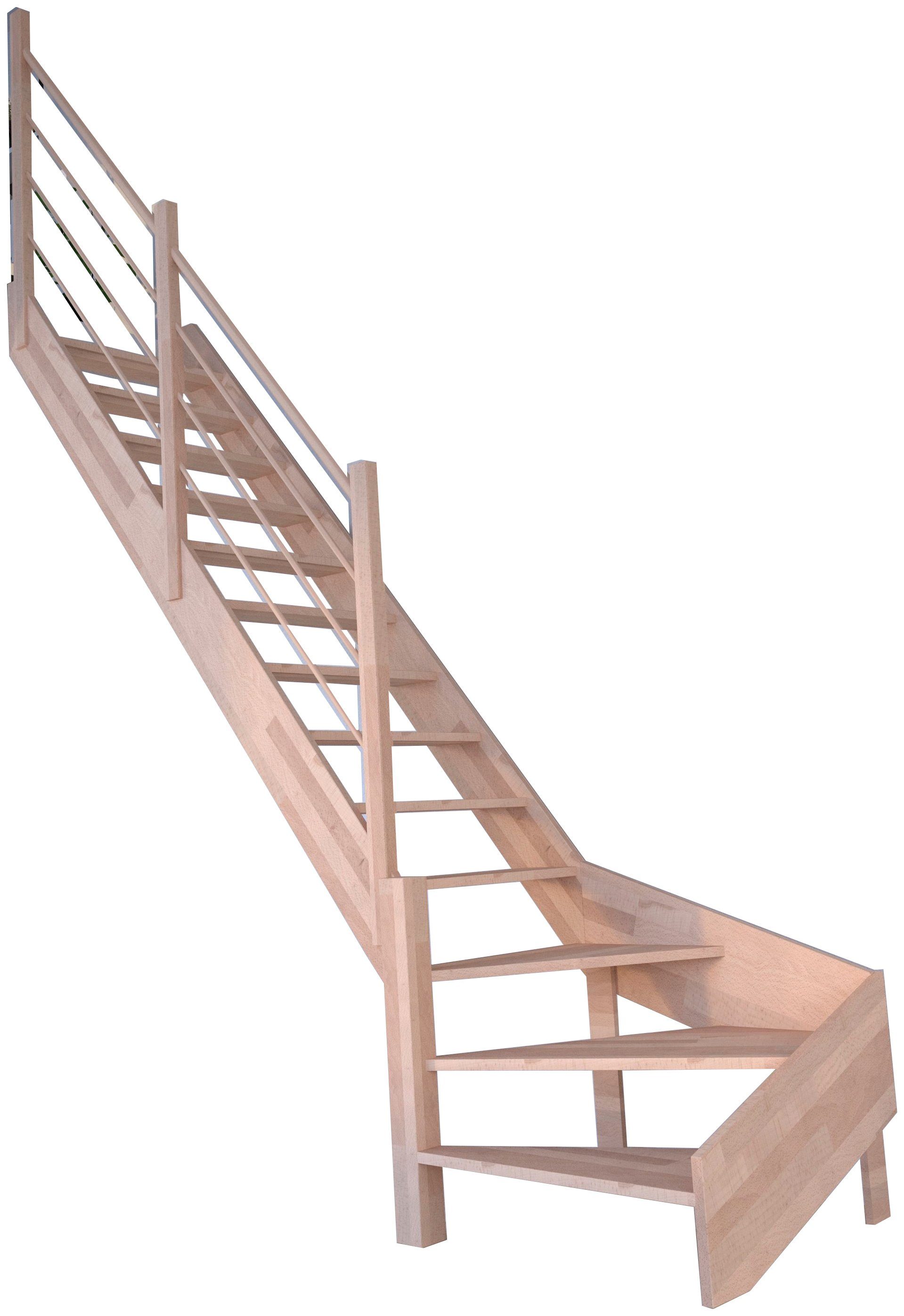 Starwood Raumspartreppe Geländer, für Durchgehende Links, offen, Geschosshöhen Massivholz Rhodos, bis gewendelt Wangenteile cm, Design Stufen 300 Holz-Holz