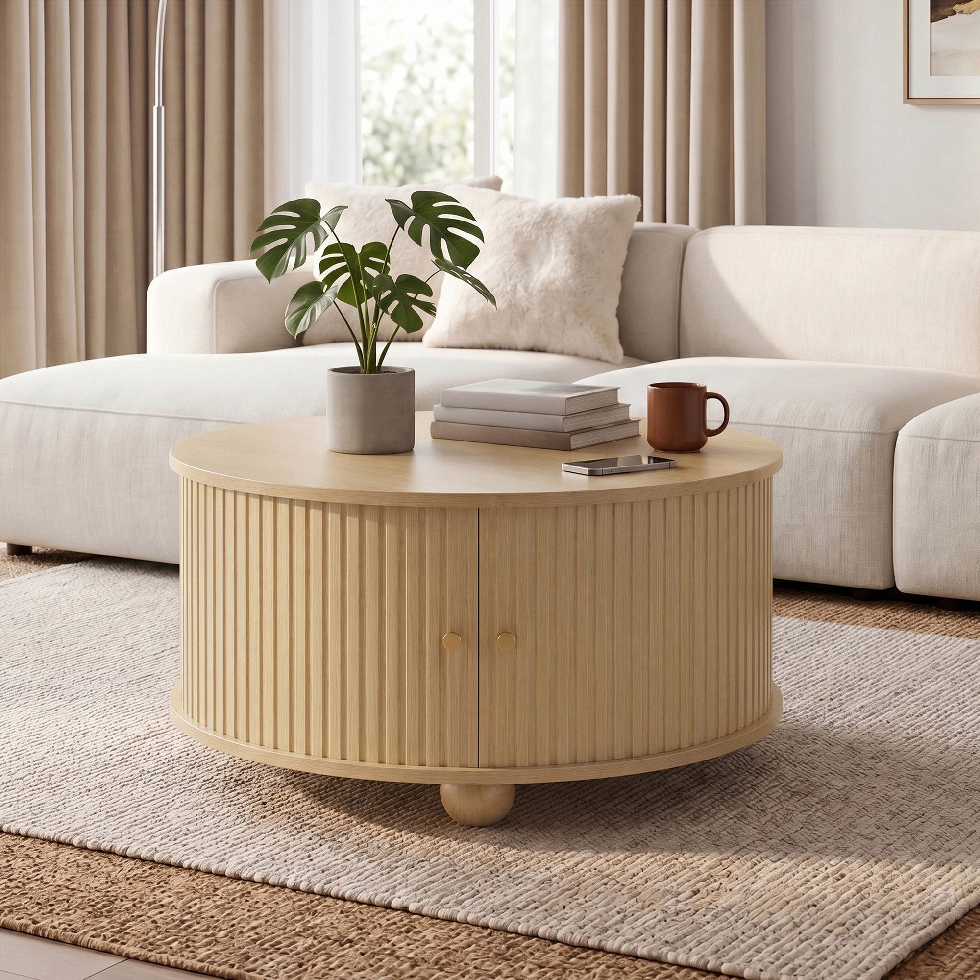 Merax Couchtisch Runder Satztisch Beistelltisch in Retro-Design (72 × 72 × 38 cm, 1-St), Wohnzimmertisch mit Schiebetüren, 4 Fächern, Metallfüße,Reliefstruktur