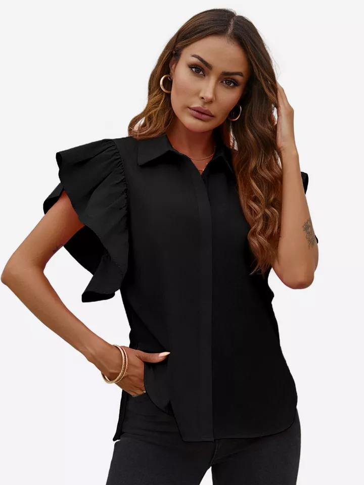 Imily Bela Blusenshirt Damen mit Hemdkragen und Rüschenärmeln aus Baumwolle Casual Oberteil (Packung, 1-tlg., 1per-Pack) mit versteckter Knopfleiste und geschwungenem Saum in Unifarbe