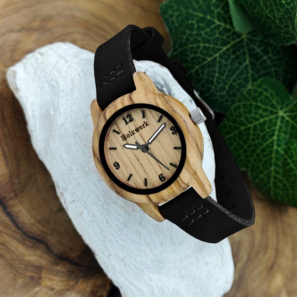 schwarz, Damen Holz Leder BLACK beige kleine Uhr, Holzwerk Quarzuhr & Armband CLARA