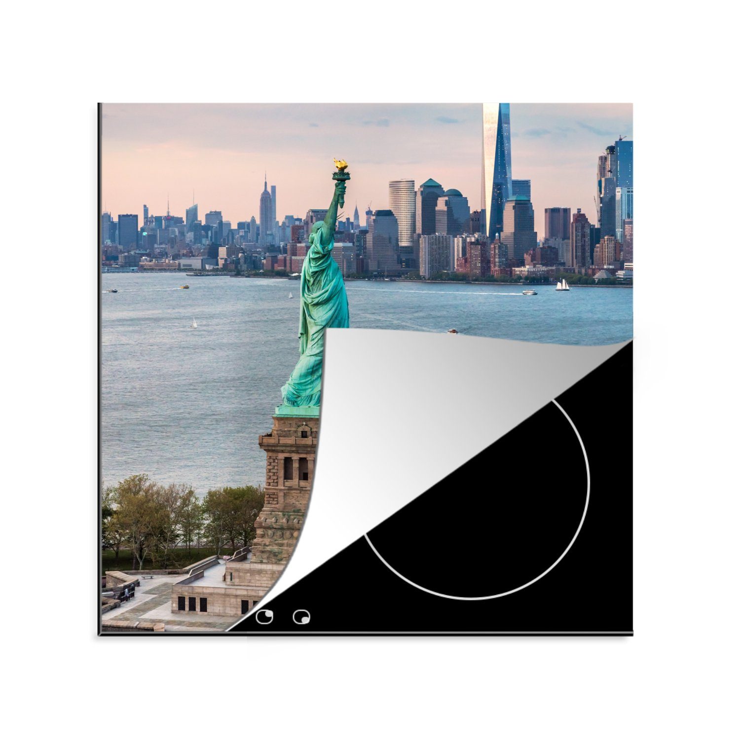 MuchoWow Herdblende-/Abdeckplatte Freiheitsstatue mit der Skyline von New York, Vinyl, (1 tlg), 78x78 cm, Ceranfeldabdeckung, Arbeitsplatte für küche