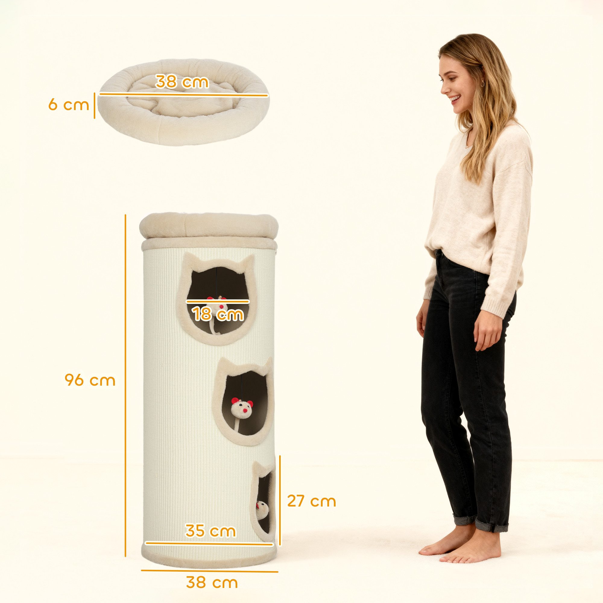 PawHut Kratztonne 96 cm hoch, (Katzenturm, 1-tlg., Katzentoilette mit Sisalseil, 3 Höhlen), mit 3 Spielzeugen, Cremeweiß