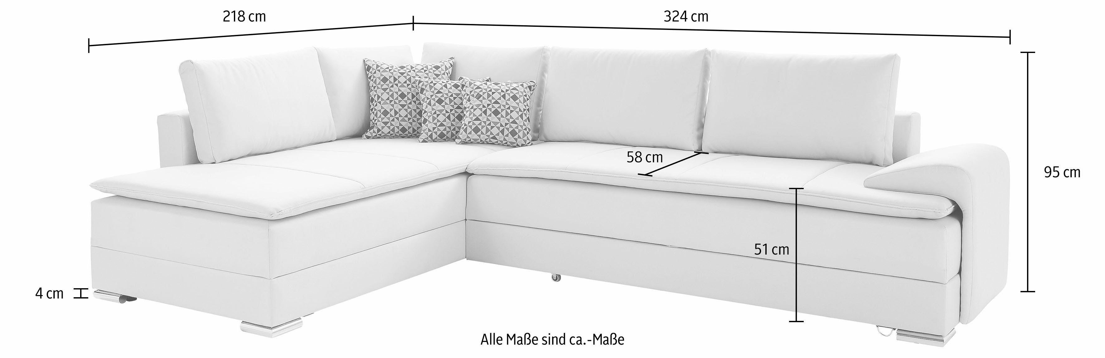 INOSIGN Ecksofa Night & Day L-Form, B: 324 cm, mit Bettfunktion, Bettkasten & 3 Zierkissen, Boxspringbett 180x200 cm