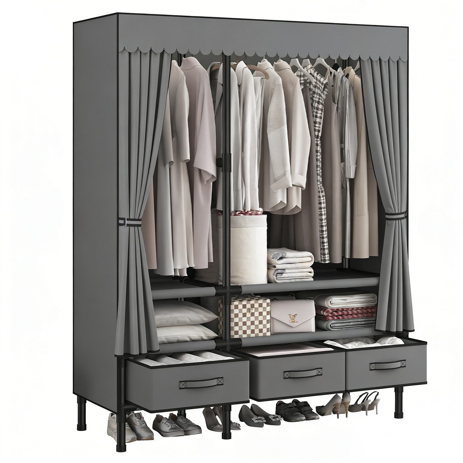 kehot Stoffschrank Faltbarer Stoffschrank 110x170x45 cm – Stabiler Kleiderschrank in Grau (Metallrahmen aus Verzinktem Stahlrohr mit 19 mm Durchmesser, Atmungsaktive Vliesstoff-Hülle mit Staub- und Sichtschutz) Schnelle Montage, Platzsparend für Schlafzimmer oder Abstellraum