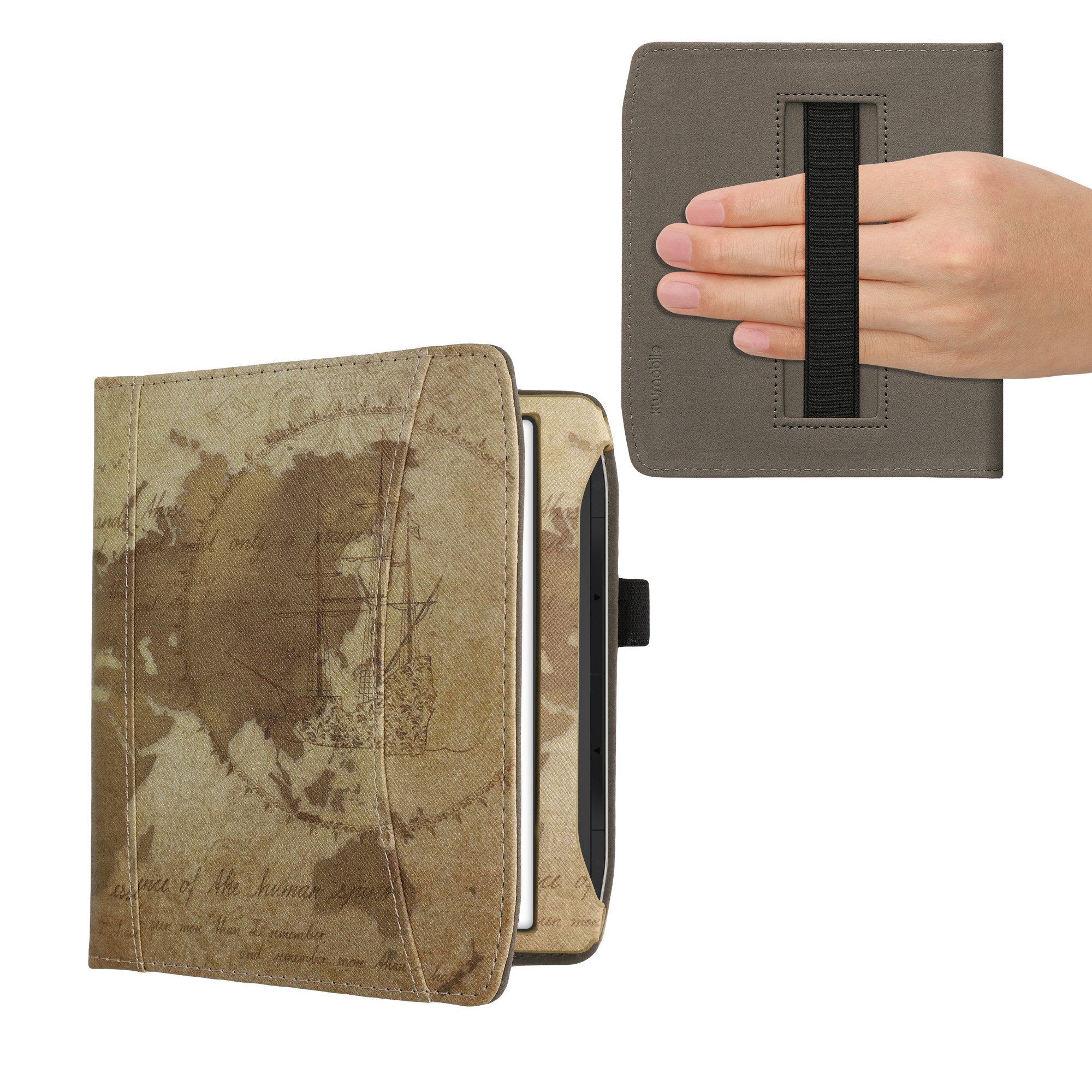 kwmobile E-Reader-Hülle Schutzhülle für Pocketbook Era / Era Color / Era Lite, Vorderfach Handschlaufe - Travel Vintage Design
