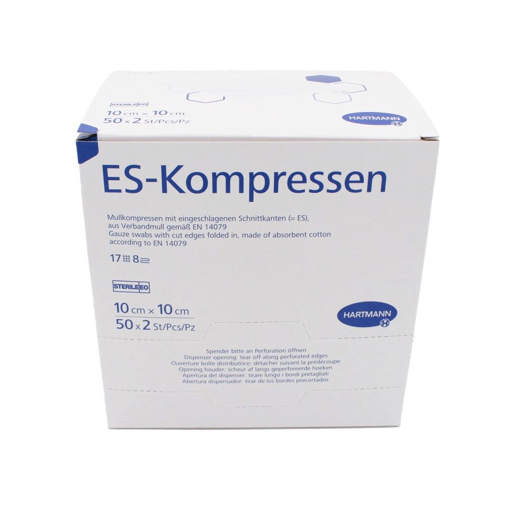 PAUL HARTMANN AG Wundpflaster ES-Kompressen steril 10 x 10 cm, 17-fädig, 8-fach (Packung, 100 St., 1 Packung à 50 x 2 Stück), steril, 17-fädig, 8-fach, eingeschlagene Schnittkanten