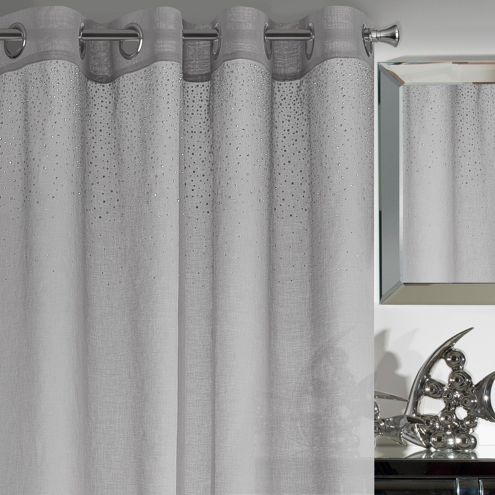 Design91 Vorhang Transparente Gardine mit silbernen Strasssteinen, 140x250 cm, mit Ösen – glänzend, Design91
