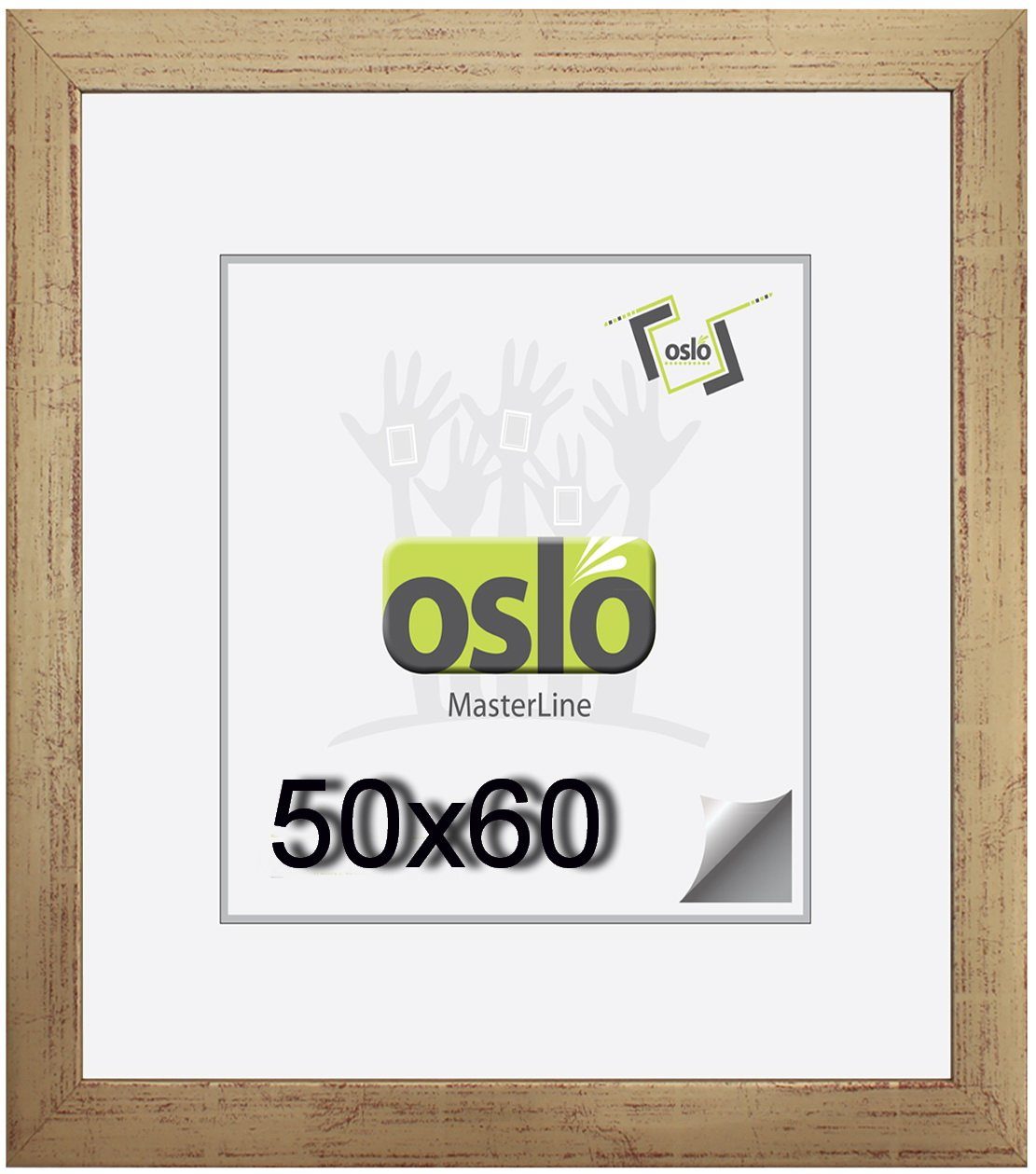 Oslo MasterLine Einzelrahmen Bilderrahmen 50 x 60 cm Holz massiv, Portraitrahmen, FSC-zertifiziert, (dunkelbraun} {gold} {weiß gekalkt), 50 x 60 gold Fotorahmen mit Echtglas, Passepartout geeignet
