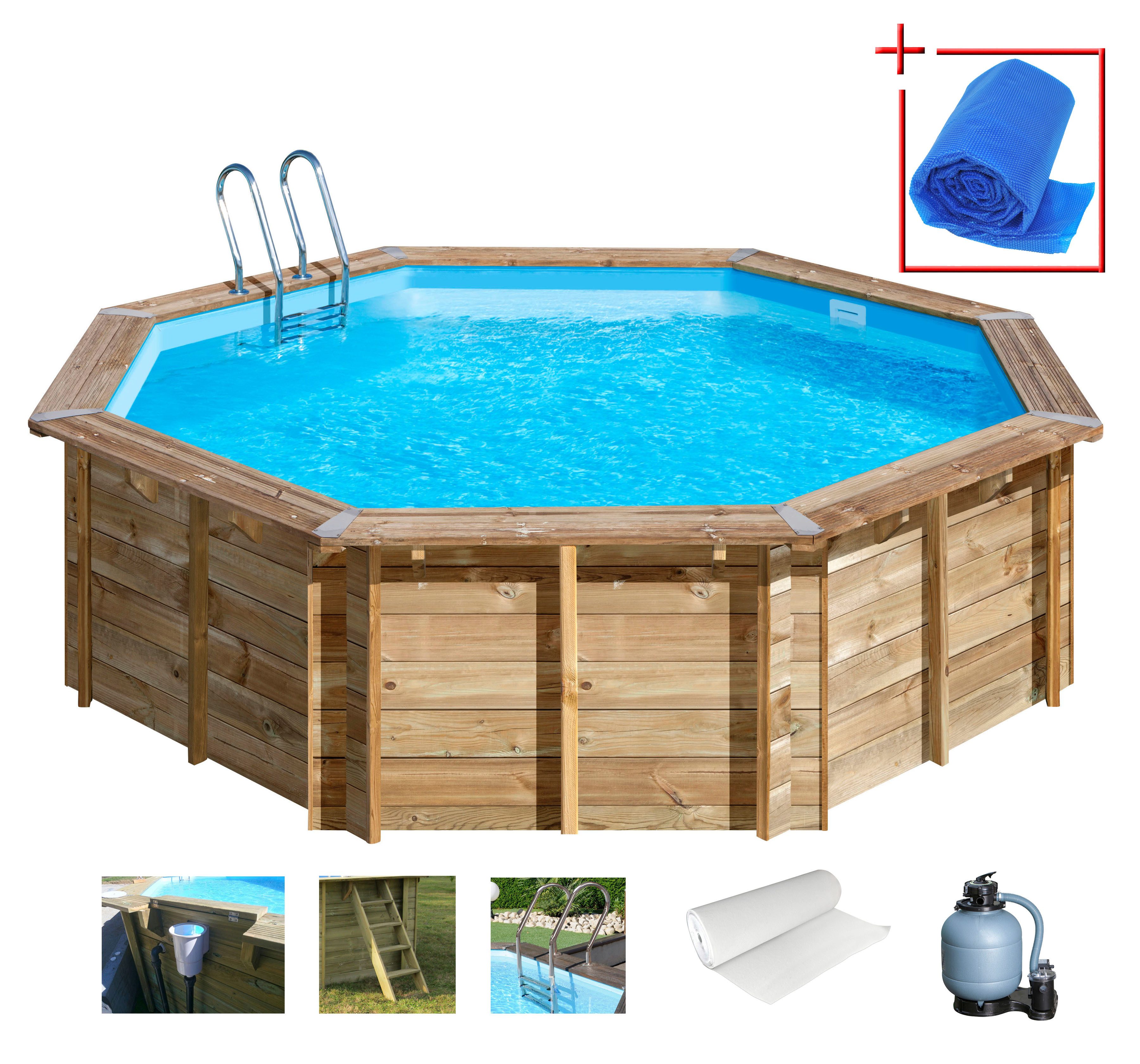 Gre Achteckpool VIOLETTE 2 mit Edelstahlleiter (Set, 8-tlg), Kiefernholz, ØxH: 500x127 cm