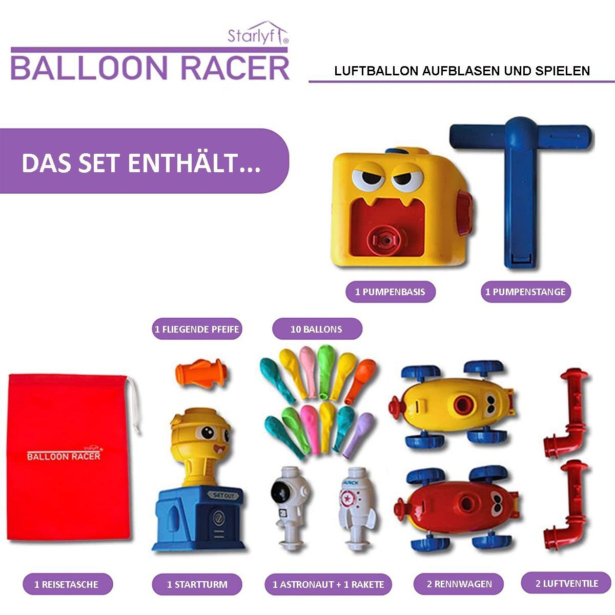 12 Racer, (Spar-Set, Luftballon angetriebenes Rakete Spielzeug-Auto Ballons und mit + 22-tlg), Starlyf Balloon Auto