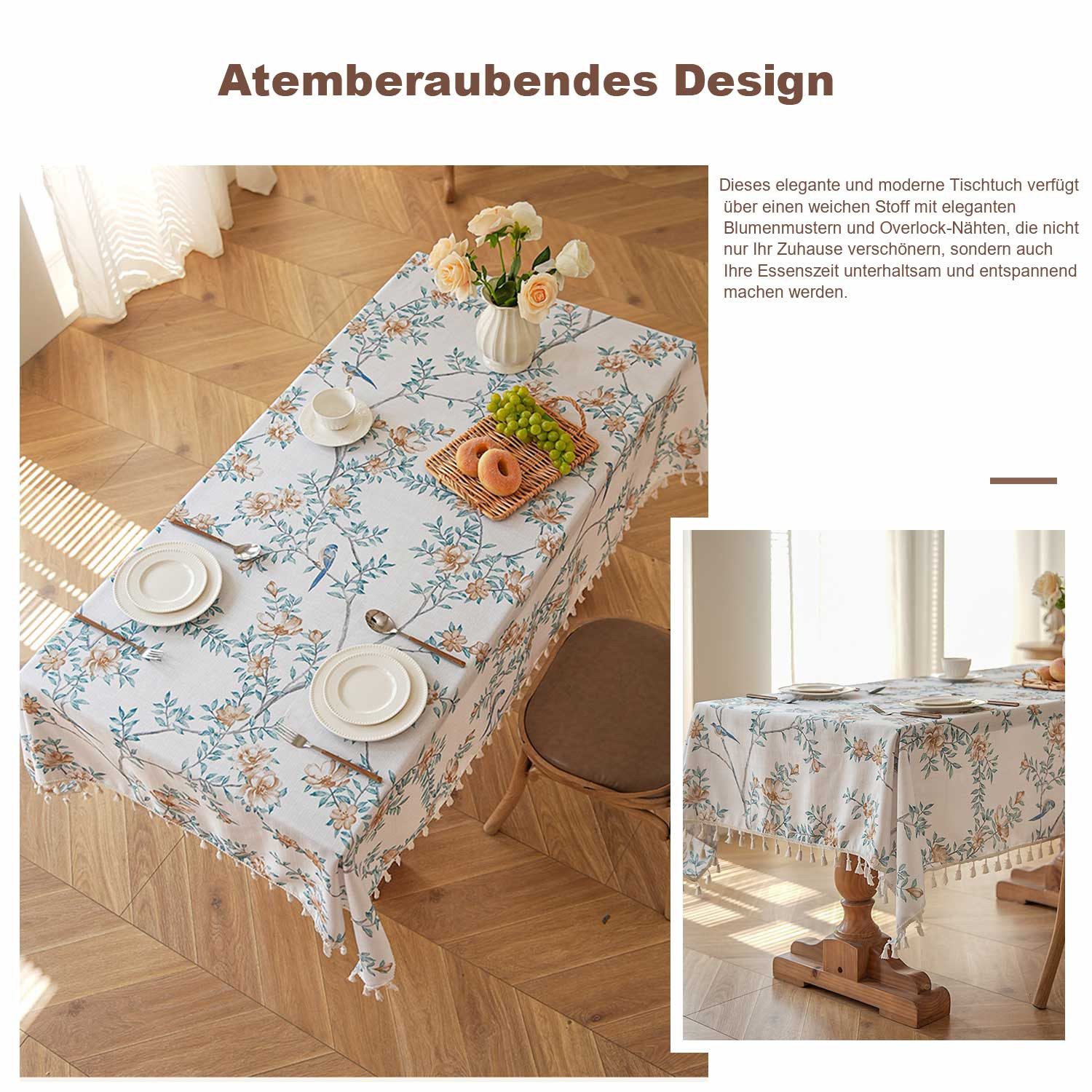 Refttenw Tischdecke Tischdecke mit Blumen und Vogelmuster, Quaste Dekoration,Party Dekor