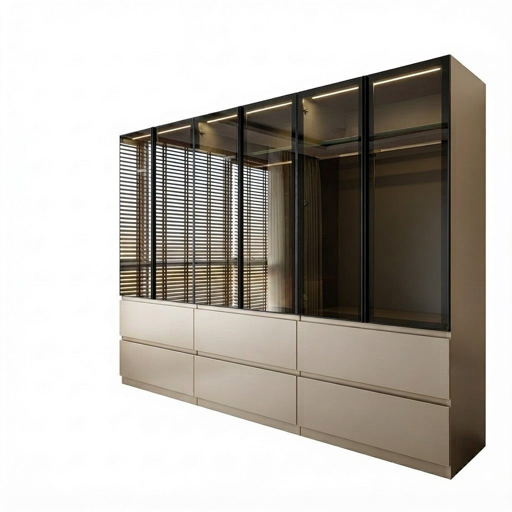 Palms-Store Kleiderschrank Sansibar mit Glastüren, 6 Schubkasten inkl. Beleuchtung Breite: 300cm, Höhe: 218cm, Tiefe: 62cm