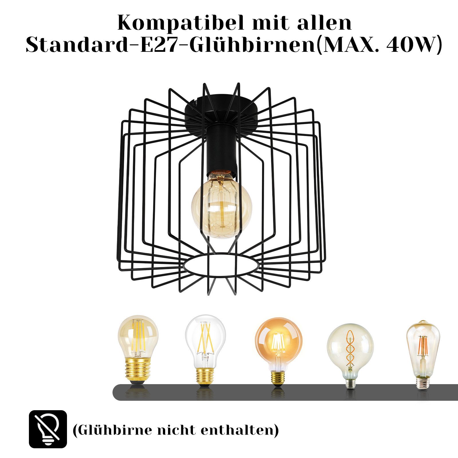 Nettlife Deckenleuchte Vintage E27 Schwarz Käfig Deckenlampe 27CM Metall Retro Flurlampe, LED wechselbar, Industrial Deckenbeleuchtung für Küche Schlafzimmer Balkon Eingang