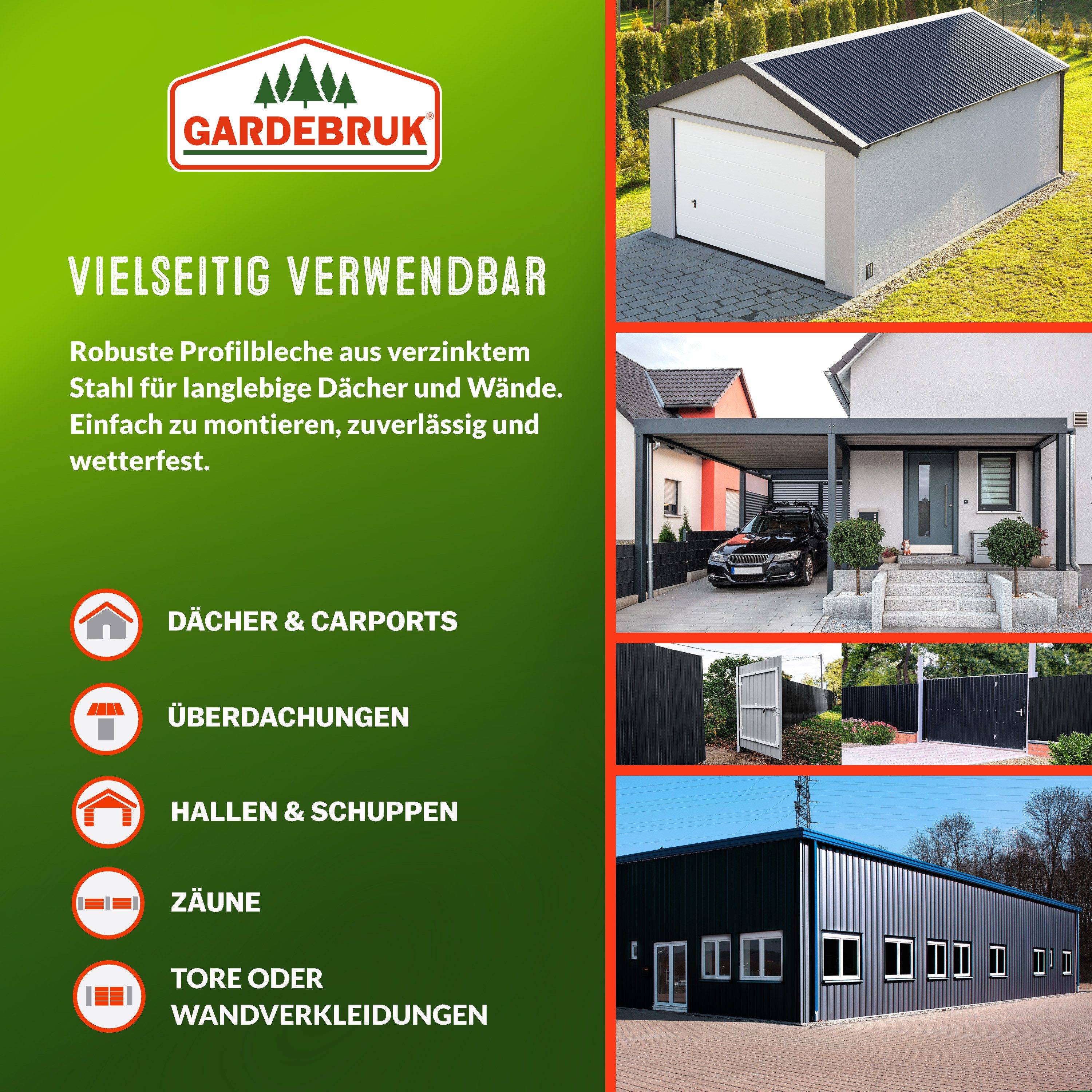 Gardebruk Gerätehaus, BxT: 46x129 cm, 24x Trapezblech 129cm x 46cm = 14m² verzinkt Profilblech Dachblech