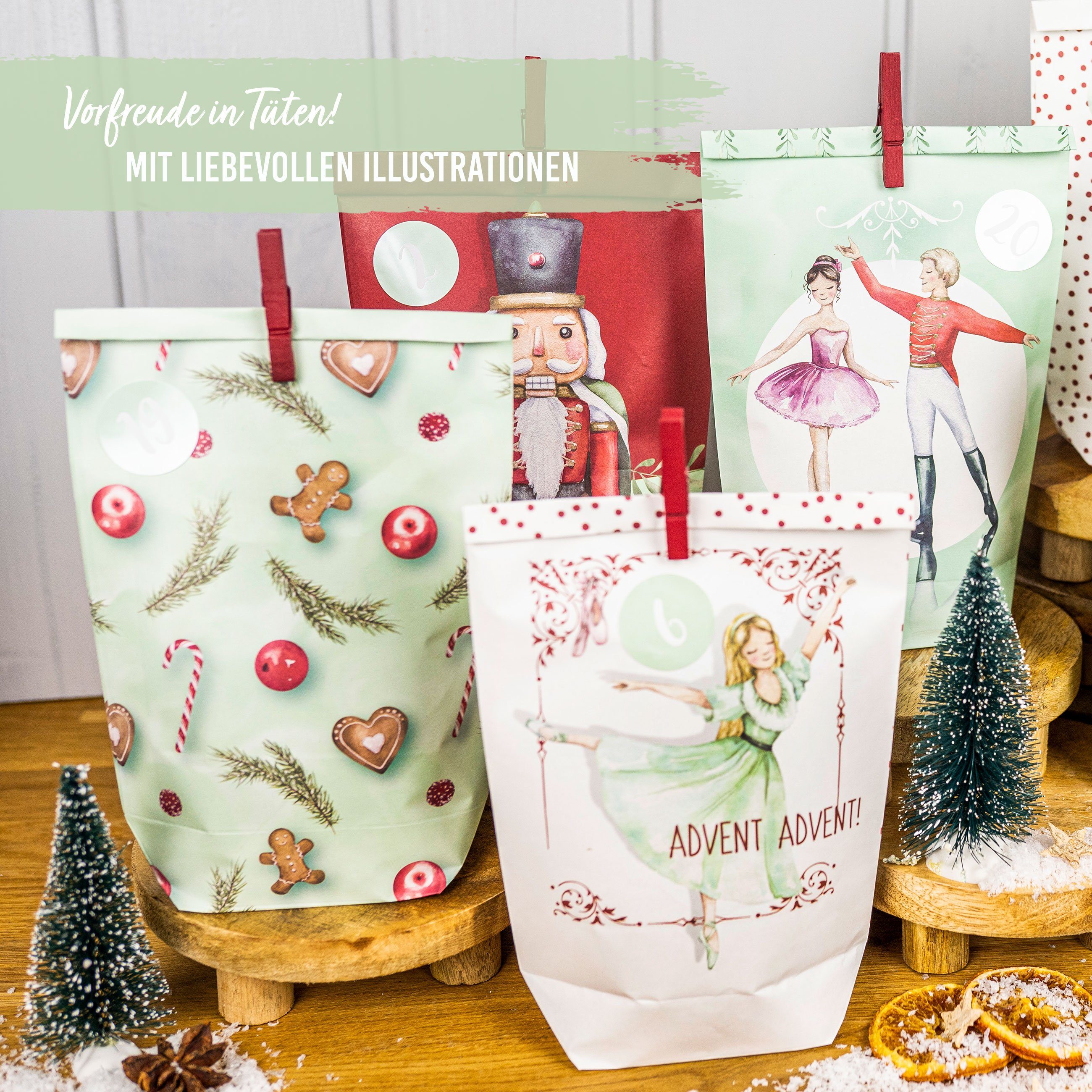 PAPIERDRACHEN befüllbarer Adventskalender Adventskalender mit bedruckten Tüten, Adventskalender zum selber befüllen
