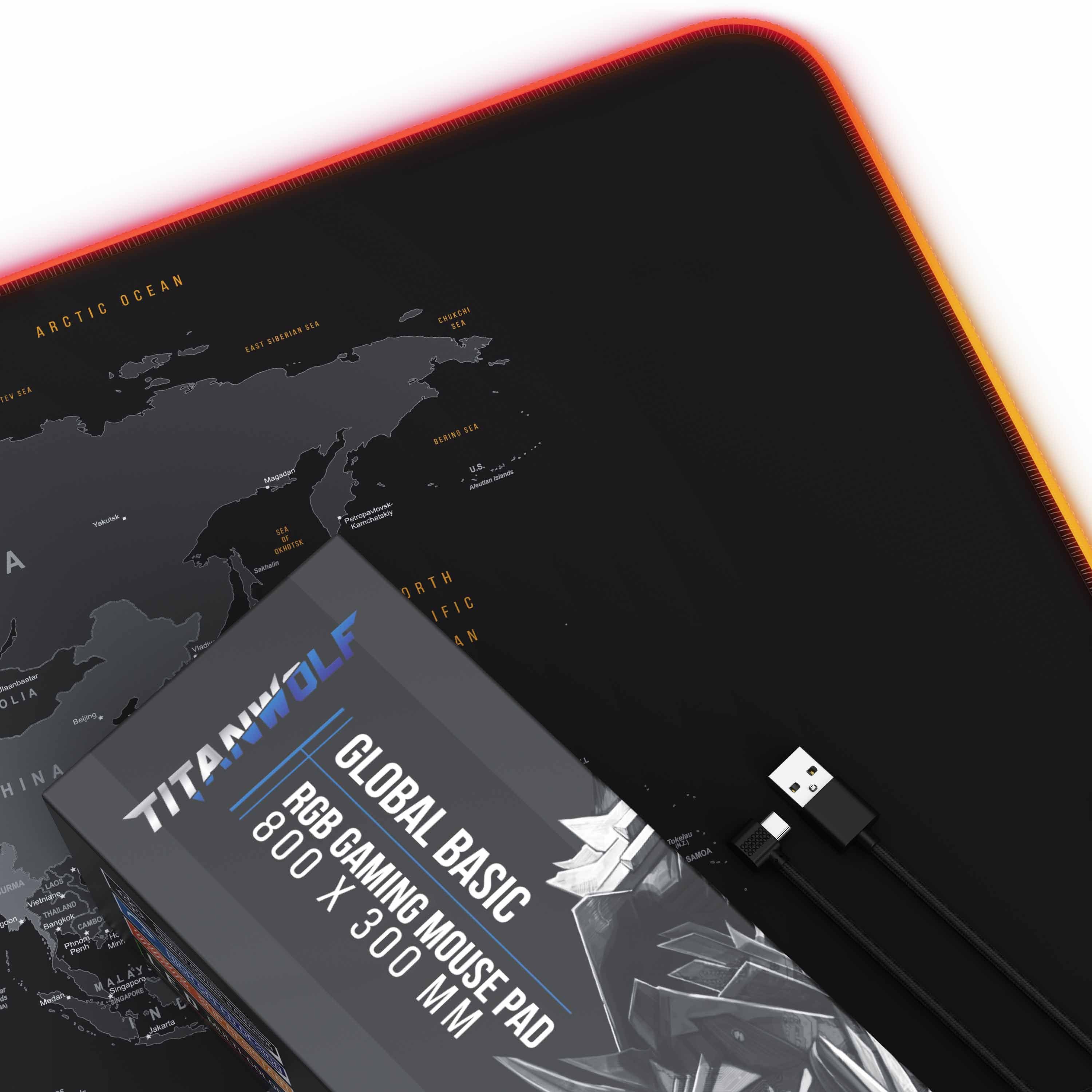 Titanwolf Gaming Mauspad RGB Mousepad 800 x 300 x 3 mm, LED Multi Color XL Tischunterlage, rutschfest, abwaschbar, Geschwindigkeit & Präzision, Weltkarte 1
