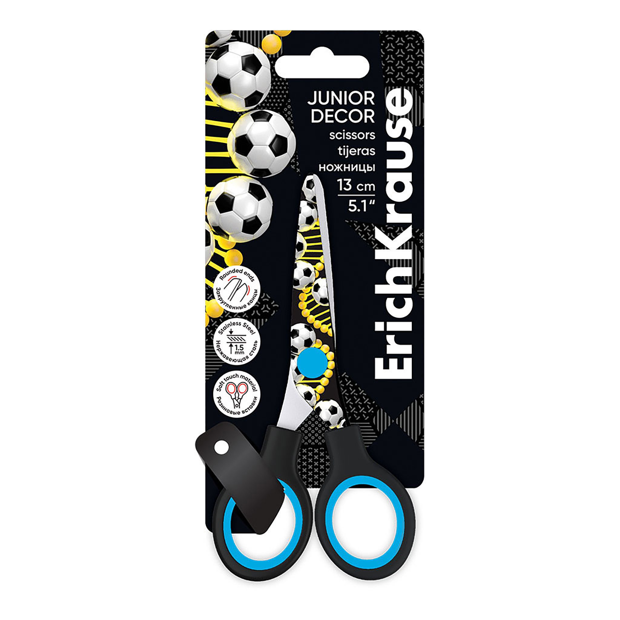 Erich Fend Papierscheren, Kinderschere Junior 13cm mit Fußball Motiv abgerundete Spitzen Schwarz
