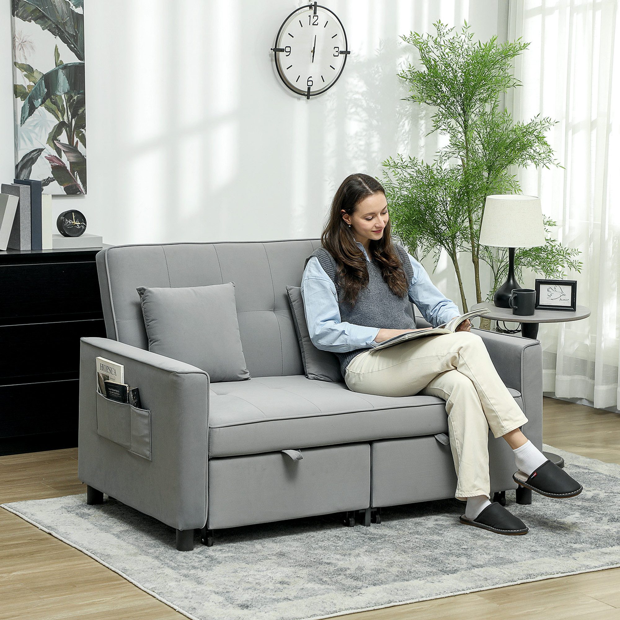 HOMCOM Schlafsofa 2-Sitzer Sofa, Samtoptik, L-förmige Schlafcouch, Rollen, Verstellbare Couch, Sofabett 1 Teile, für Wohnzimmer, Schlafzimmer, Grau