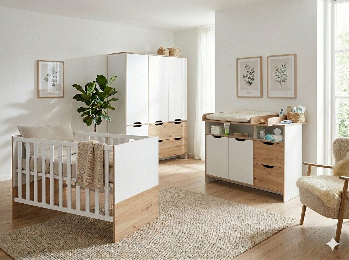 arthur berndt Babyzimmer-Komplettset Maxim, (Spar-Set, 3-tlg., Kinderbett, Kleiderschrank, Wickelkommode), Kinderbett + Wickelkommode + Kleiderschrank, Made in Germany