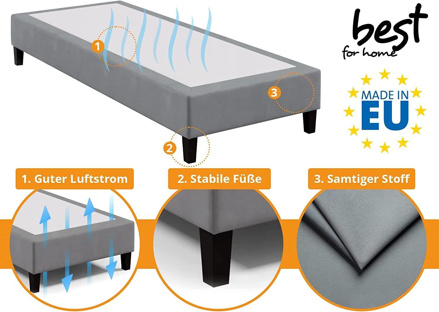 Best for Home Boxspringbett Boxspringbett Rahmen – Massivholz, 12 cm Füße, Stabil & Zuverlässig (Seniorebett, Matratze, Jugendbett, Kinderbett, 70x200 80x200 90x200 100x200 cm), Komfortbett, Boxspringgestell, flexible Liefermöglichkeiten