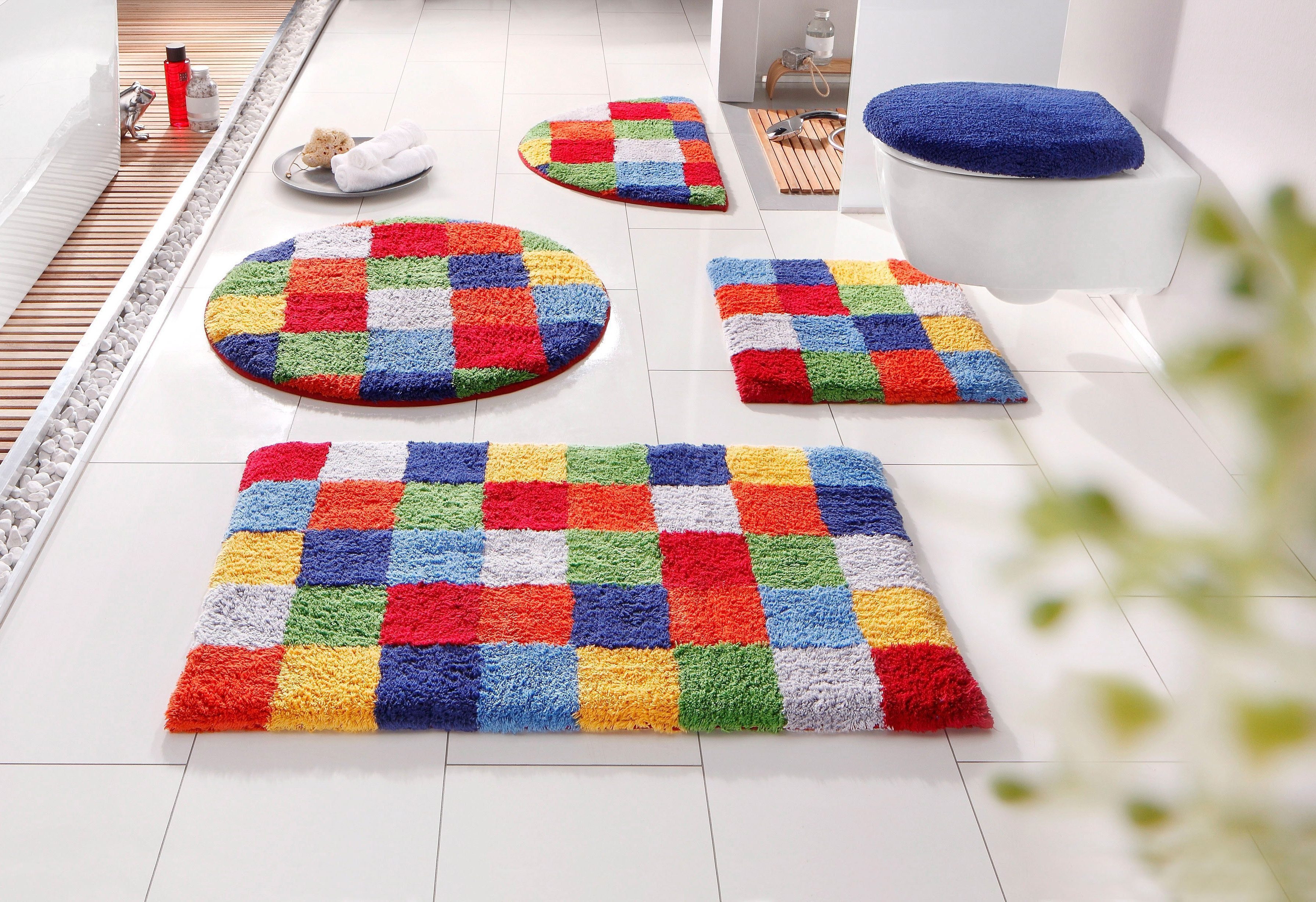 OTTO home Badematte Kira, Badvorleger, Badezimmer Teppich, Kästchen, Höhe 12 mm, beidseitig nutzbar, strapazierfähig, fußbodenheizungsgeeignet, Baumwolle (Bio-Baumwolle), rund, bunt, Badteppich, Badematten auch als 2 teiliges Set erhältlich